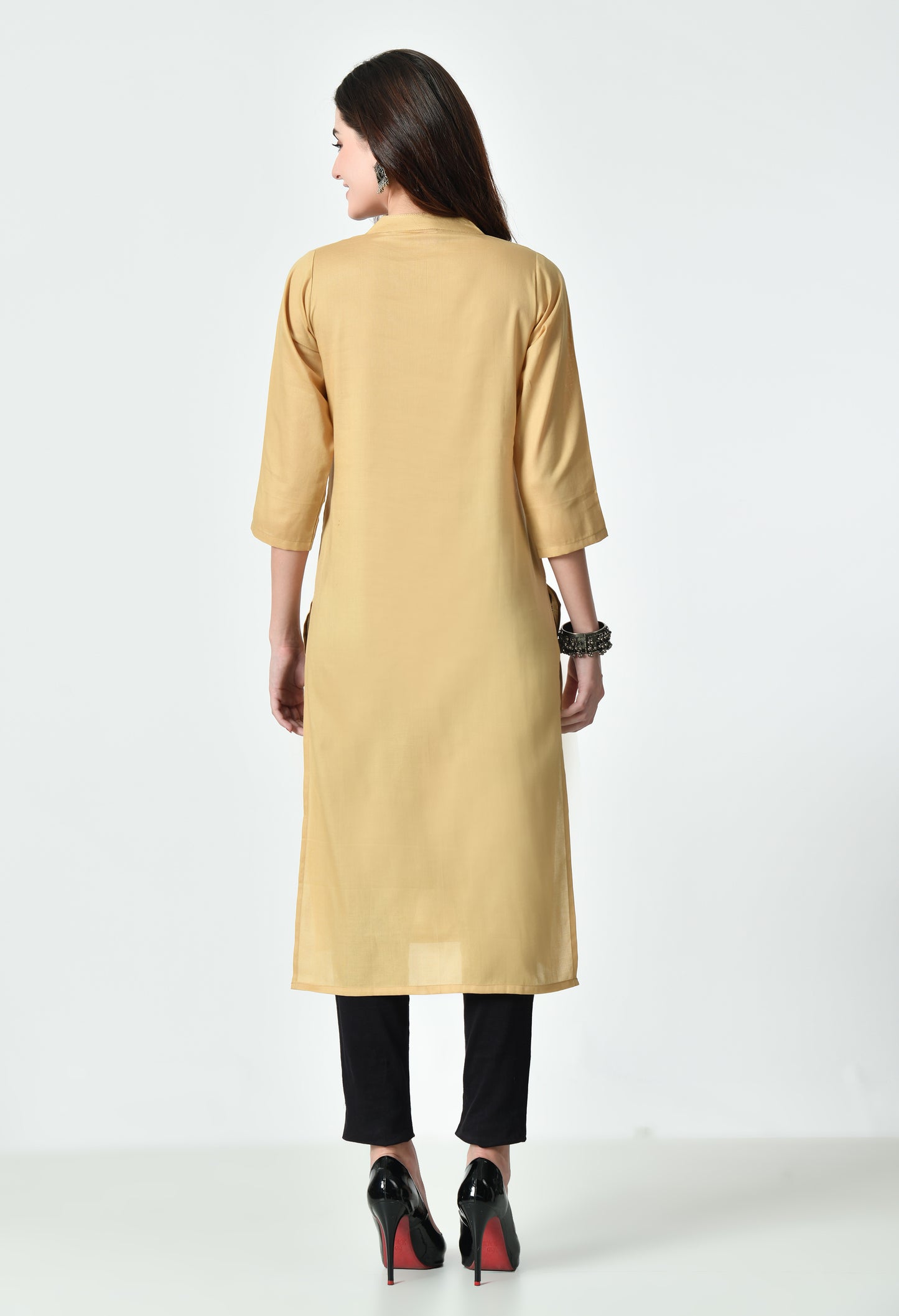 MAURYA Women's Beige Color Solid Cotton Blend Regular Straight Kurti (MKT130)