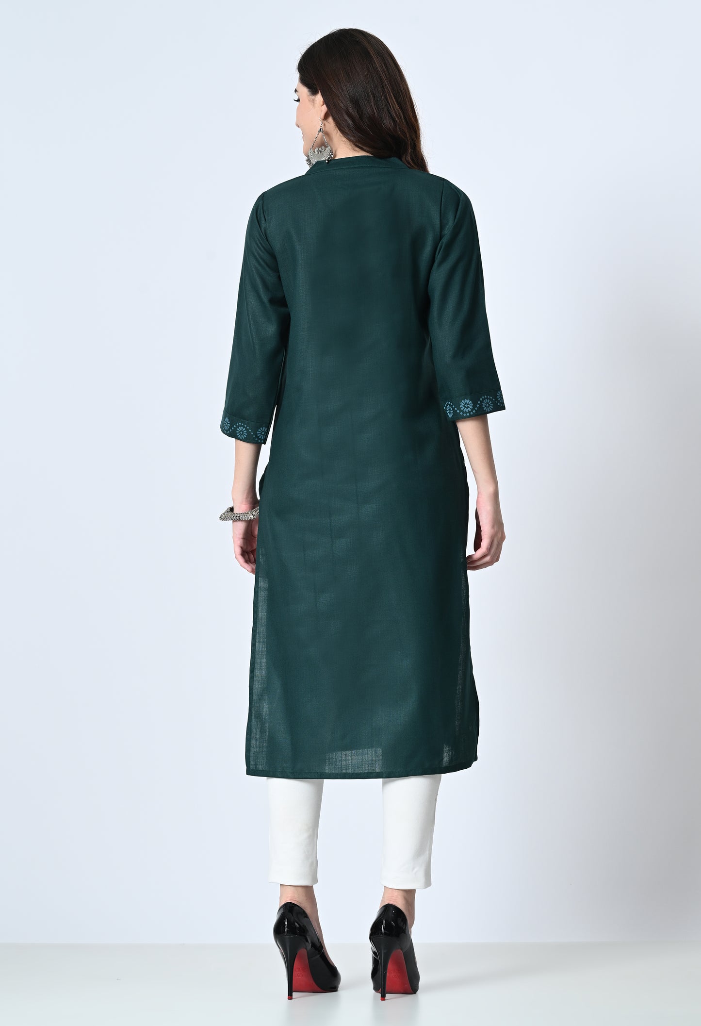 MAURYA Women's Cotton Blend Printed Bottle Green Calf Length High Neck Straight Kurta (MKT137)