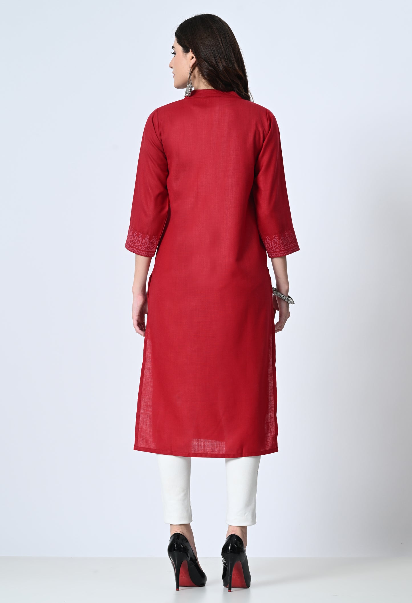 MAURYA Women's Cotton Blend Printed Maroon Calf Length High Neck Straight Kurta (MKT139)