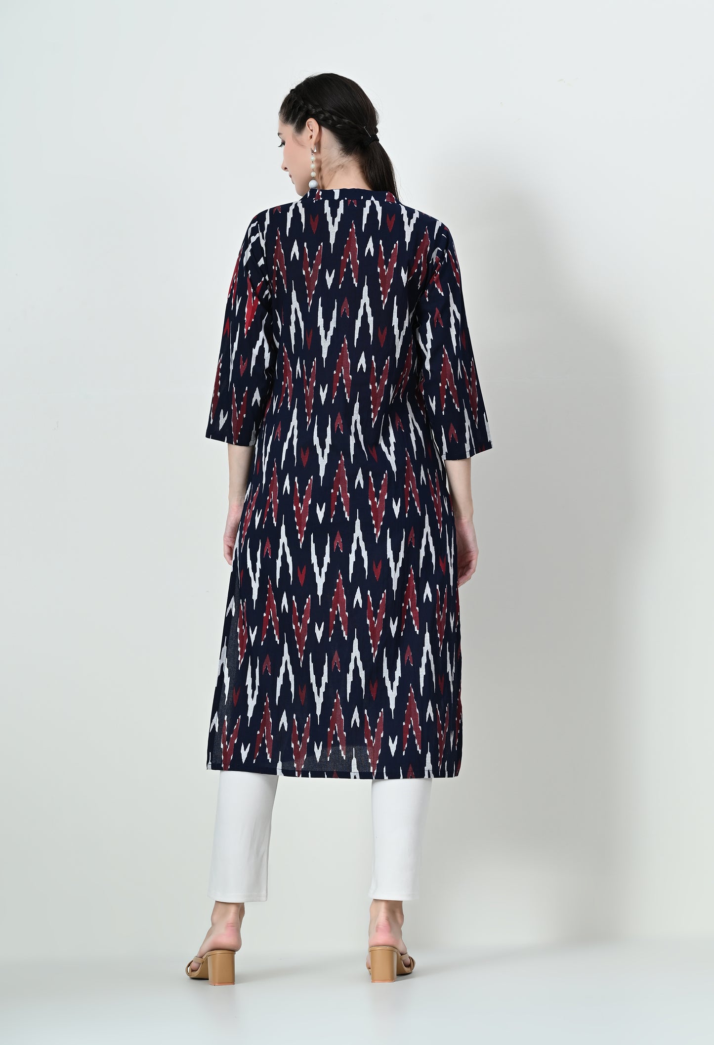 MAURYA Women's Cotton Ikkat Print Navy Blue Calf Length Straight Kurta (MKT140)