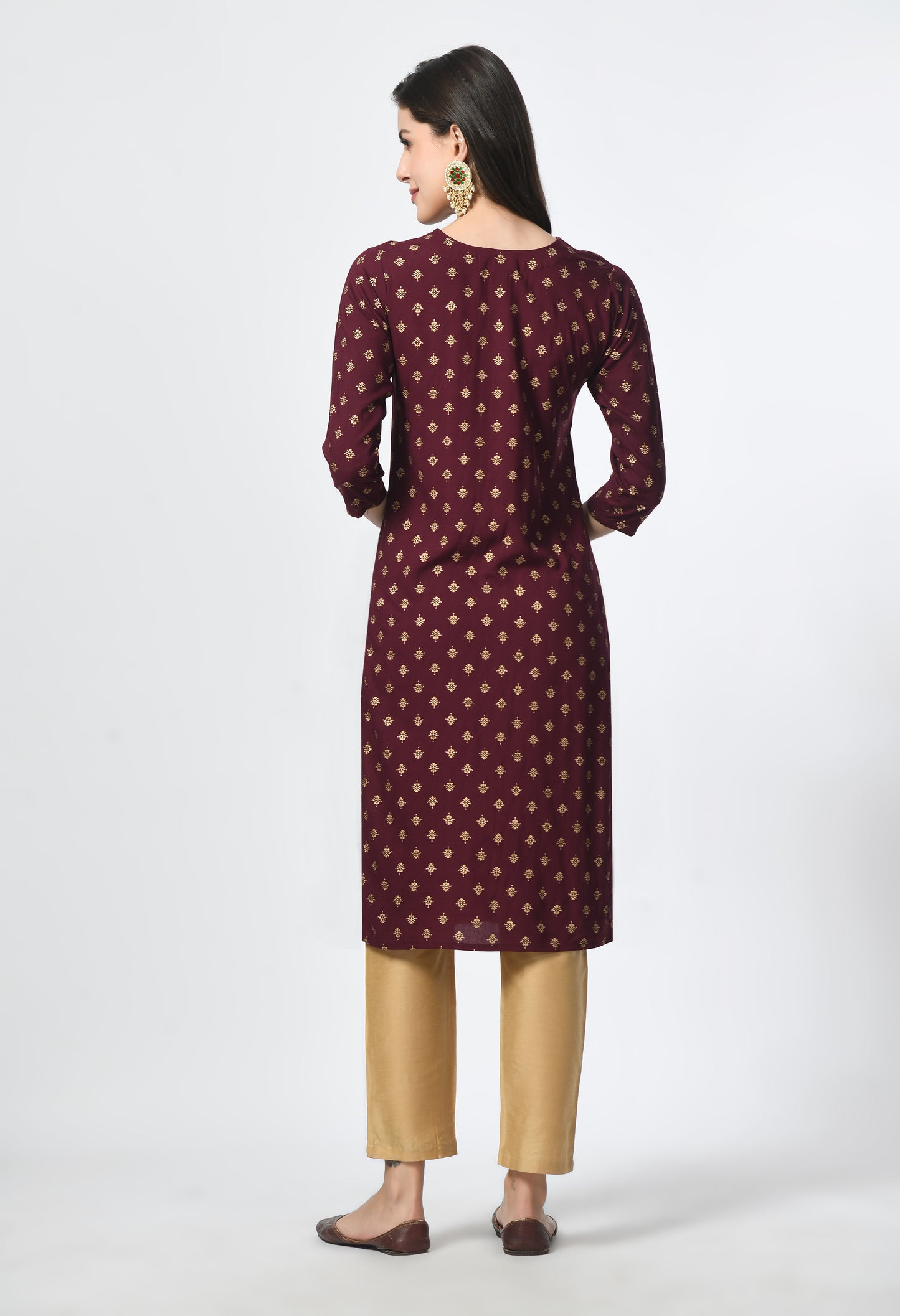 MAURYA Women's Wine Rayon 12Kg Gold Floral Print Lace with Button Straight Kurti (MKT119)