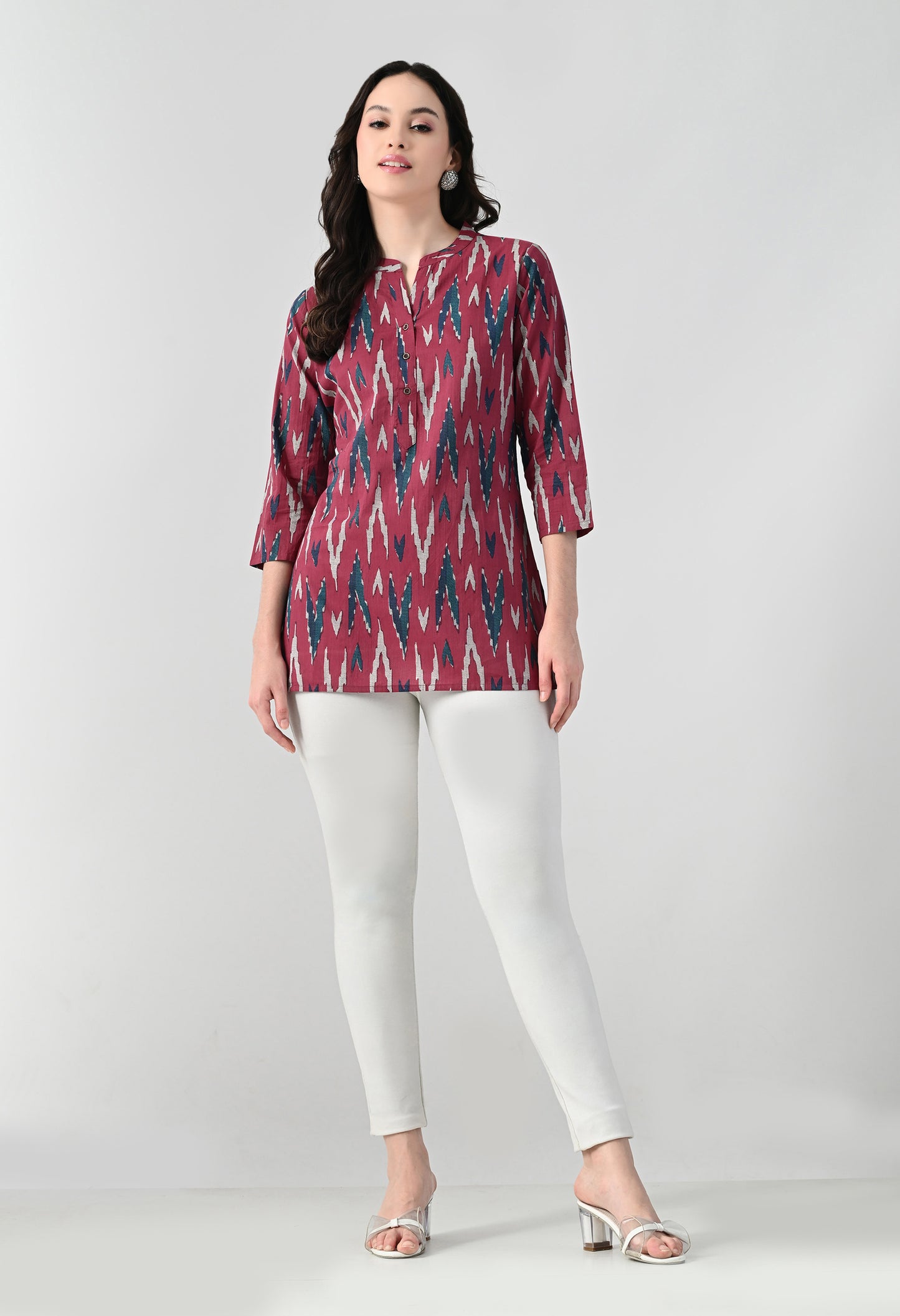 MAURYA Women's Pink Color Ikkat Print Regular V Neck Top (MTOP008)