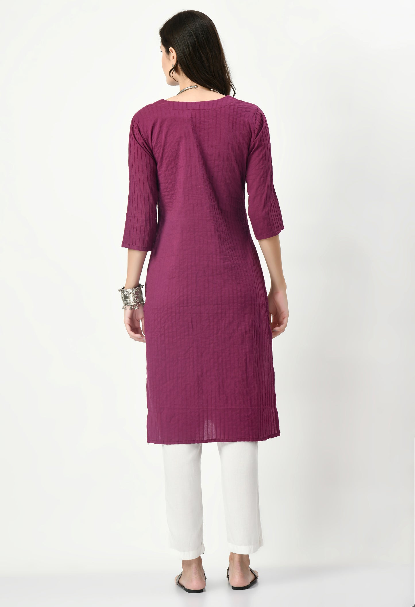 MAURYA Women's Pure Cotton Pintex Purple Hand Work Calf Length Straight Kurti (MKT080)