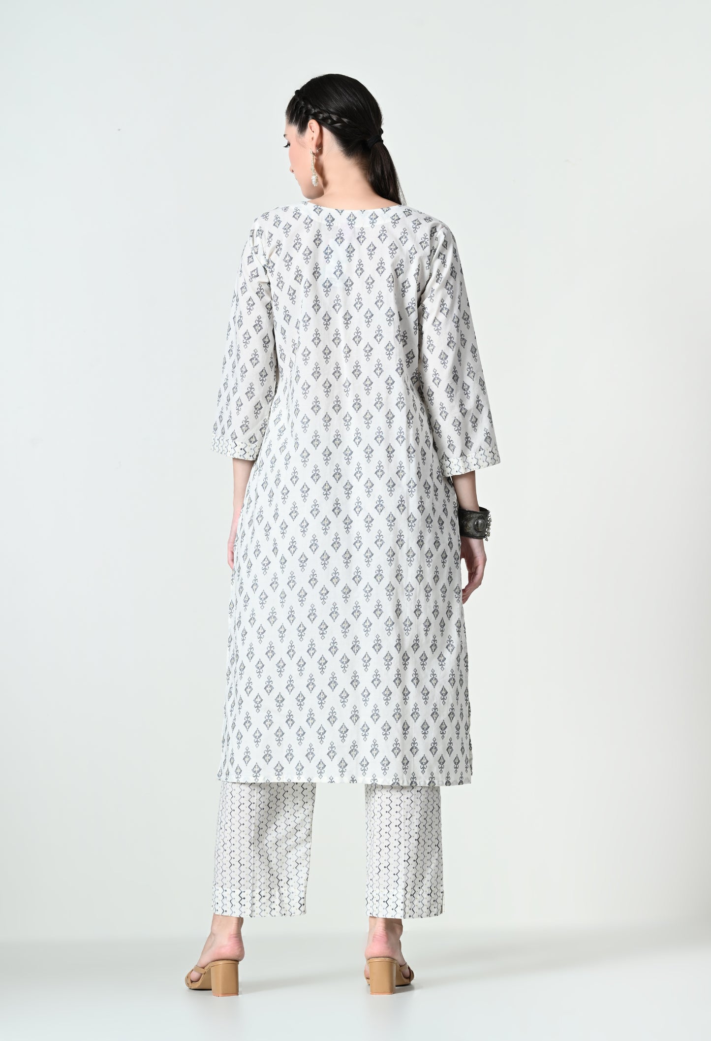 MAURYA Women's 100% Cotton Off White Foil Print Embroidery with Sequence Kurta Set with Dupatta (WMKS011)