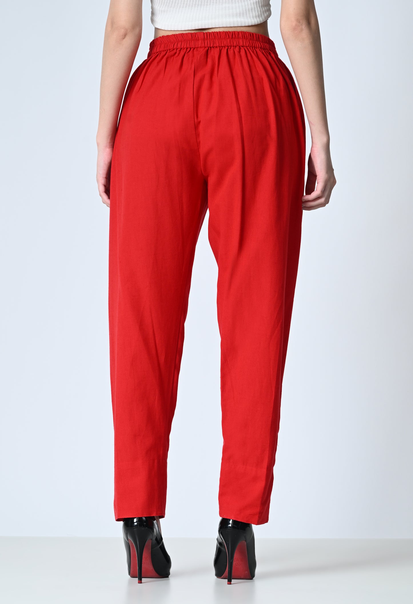 MAURYA Women's Red 100% Cotton Full-Elasticated Waist Regular Pant with 2 Side Pockets (MPT008)