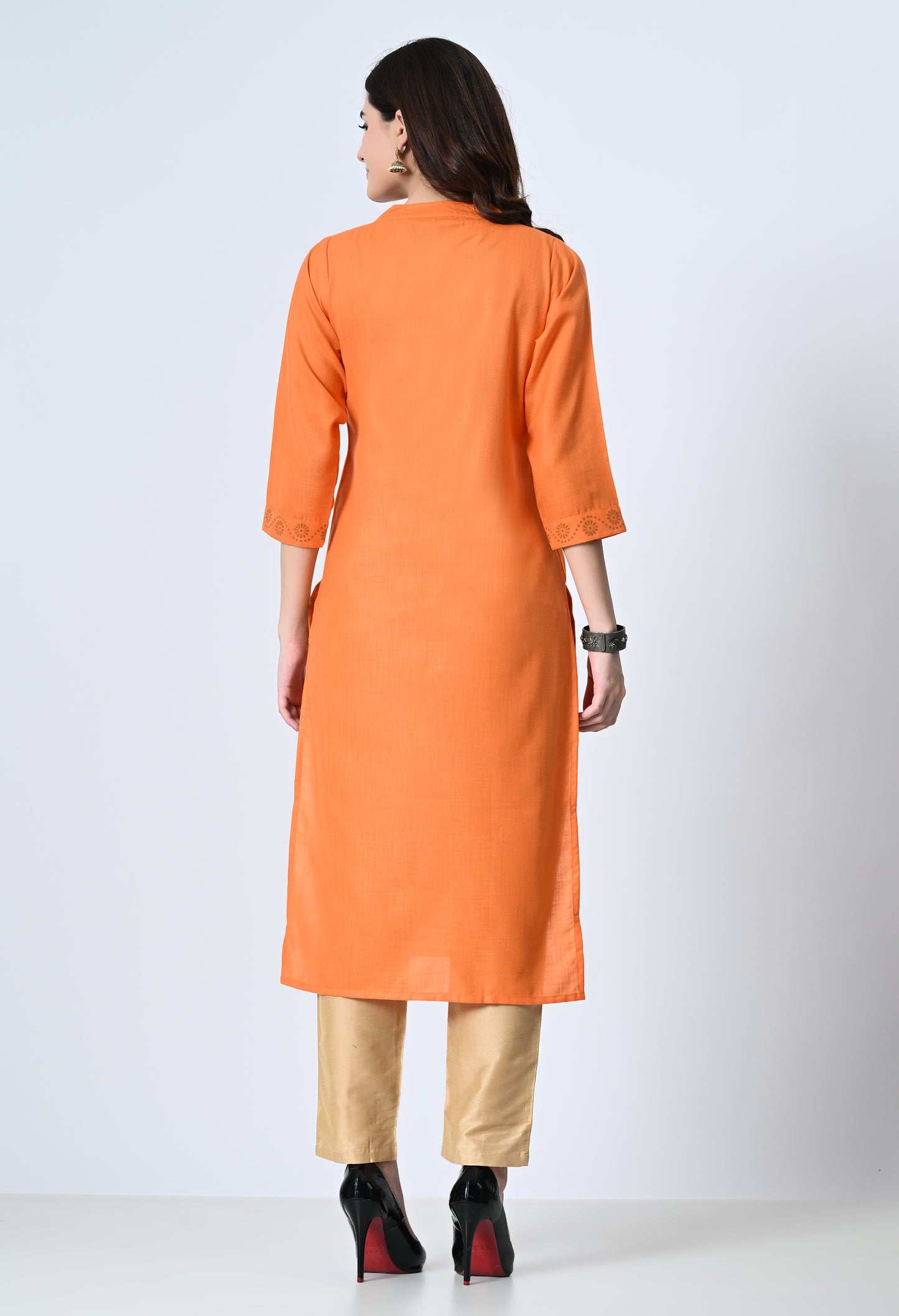 MAURYA Women's Cotton Blend Printed Orange Calf Length High Neck Straight Kurta (MKT138)