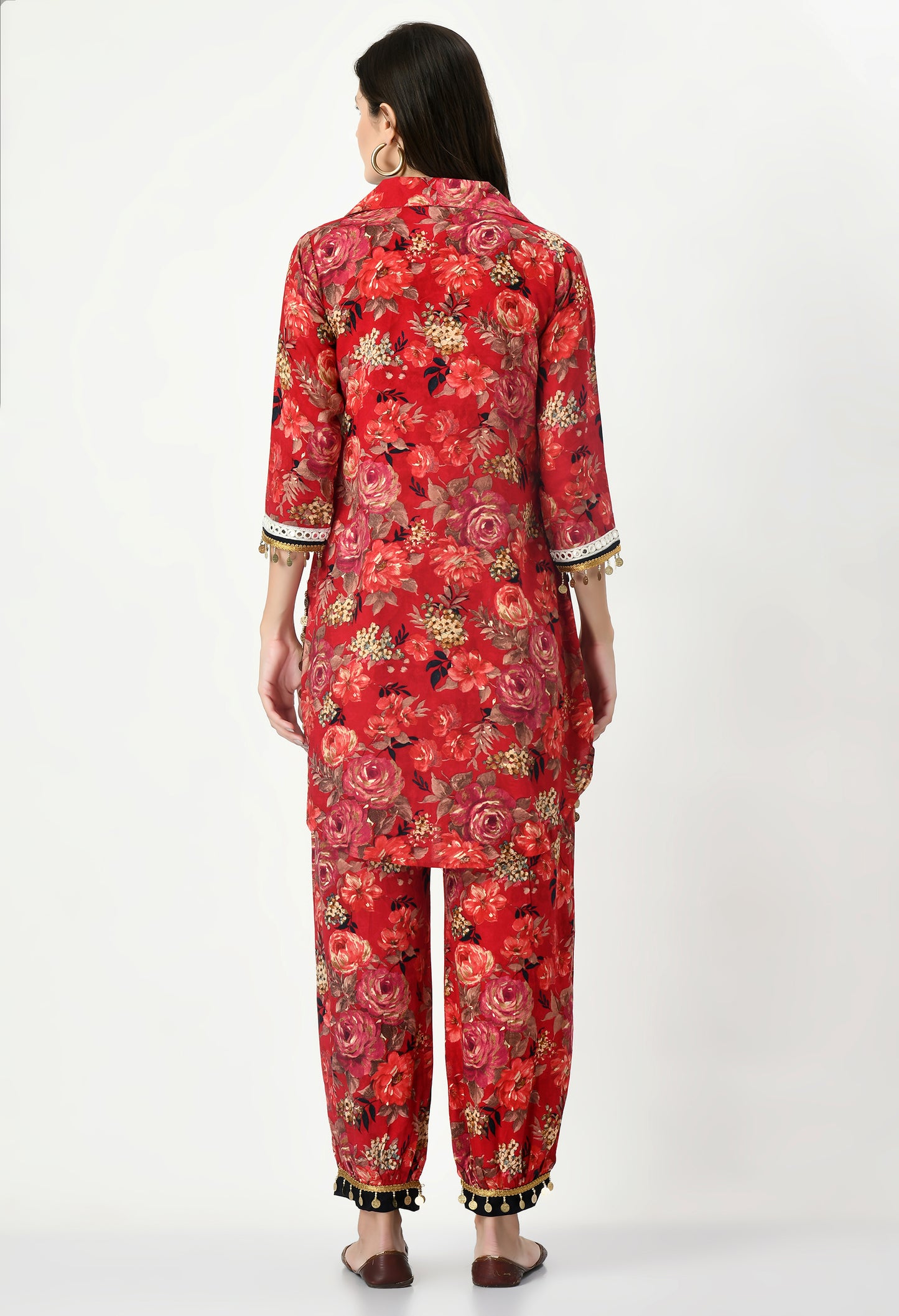 MAURYA Women's Rayon Red Floral Print Laced Ethnic Afgani Co-ord Set with 2 Side Pockets (MCS027)