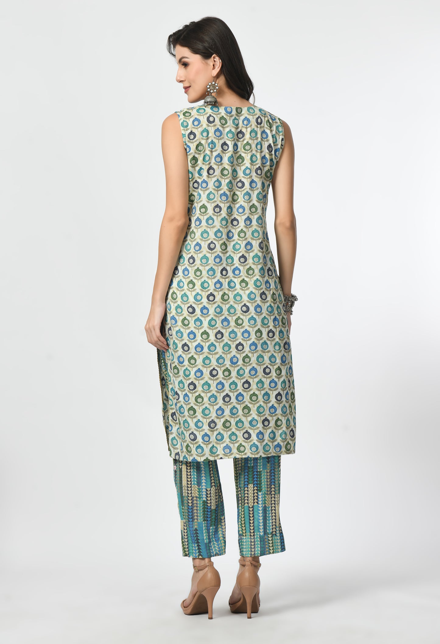 MAURYA Women's Rayon Slub Firoji Anaar Print A line Sippi Work Kurta with Pant & Dupatta (MKS040)