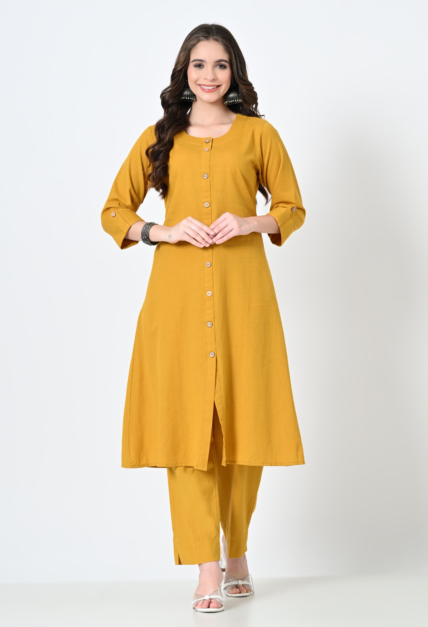MAURYA Women's Cotton Flex Solid Mustard A line Buttoned Kurta with Pant with 2 Side Pocket (MKS044)