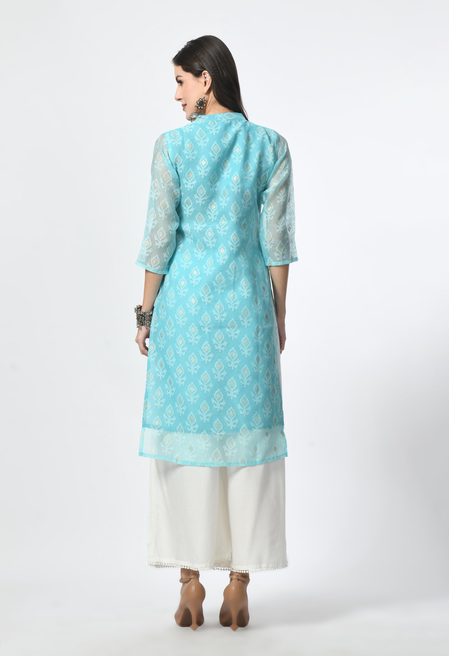 MAURYA Women's Rama Color Chanderi Braso Floral Print Straight Kurta with Cotton Lining Kurti (MKT108)
