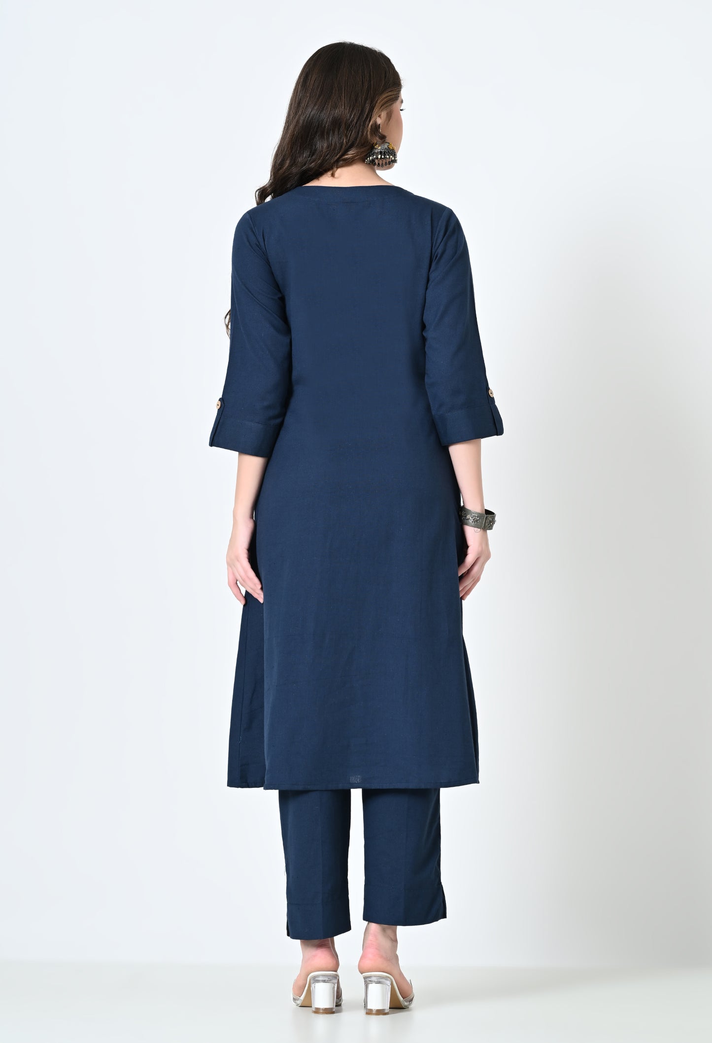 MAURYA Women's Cotton Flex Solid Blue A line Buttoned Kurta with Pant with 2 Side Pocket (MKS042)