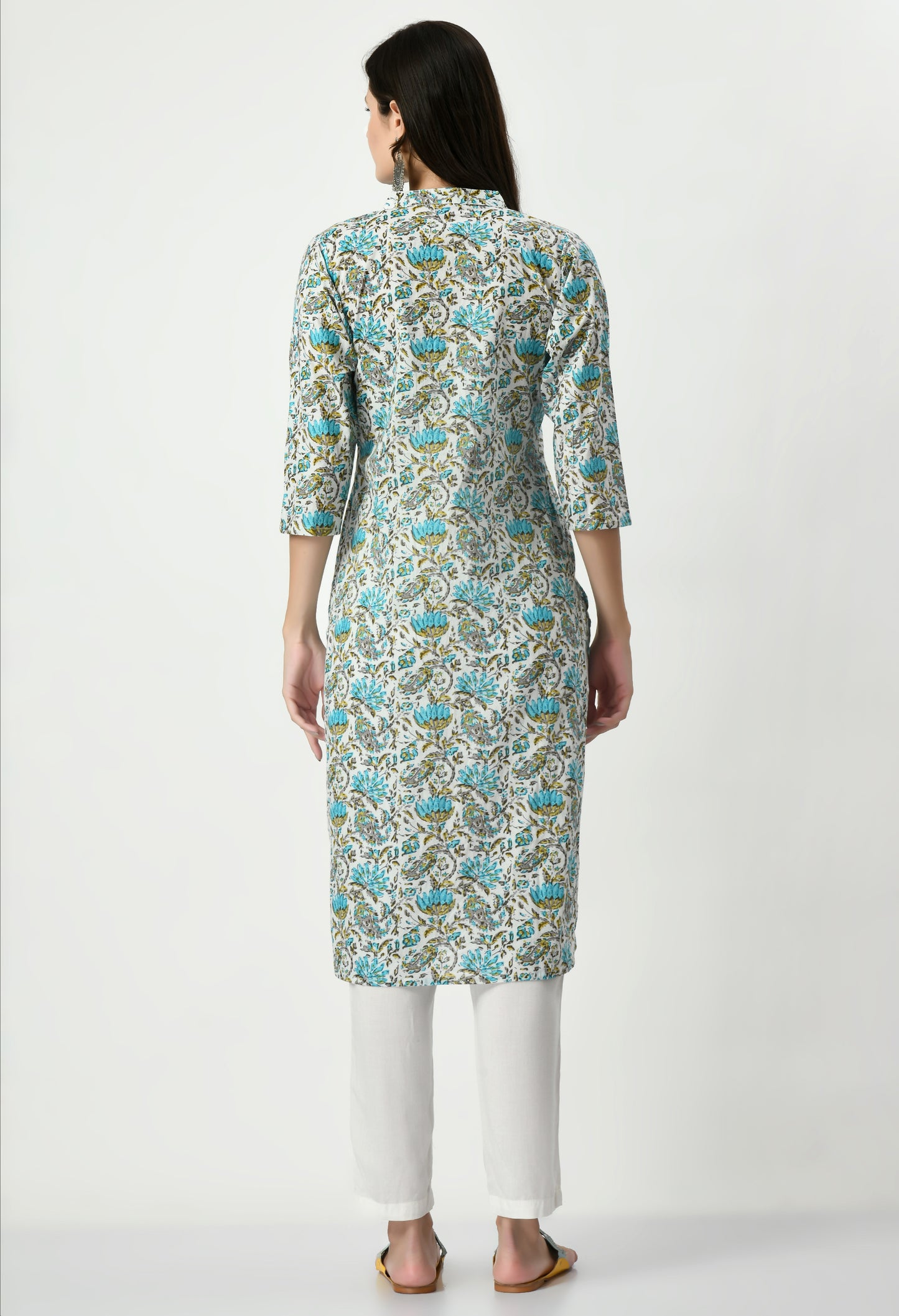 MAURYA Women's Pure Cotton Multicolor Calf Length Floral Print with Functional Buttons Straight Kurti (MKT077)