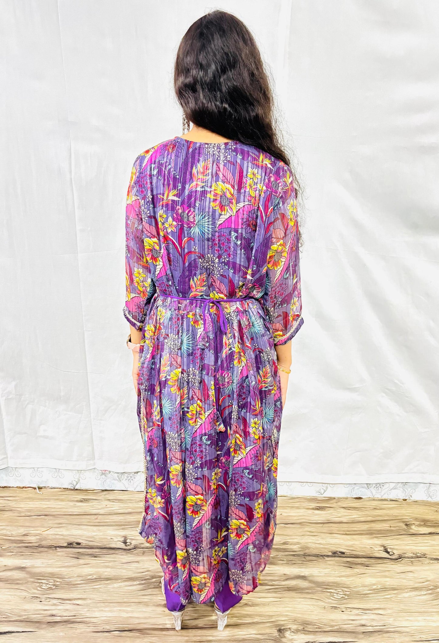 MAURYA Women Purple Printed Chiffon Naira Cut Set with Dupatta (WMKS025)