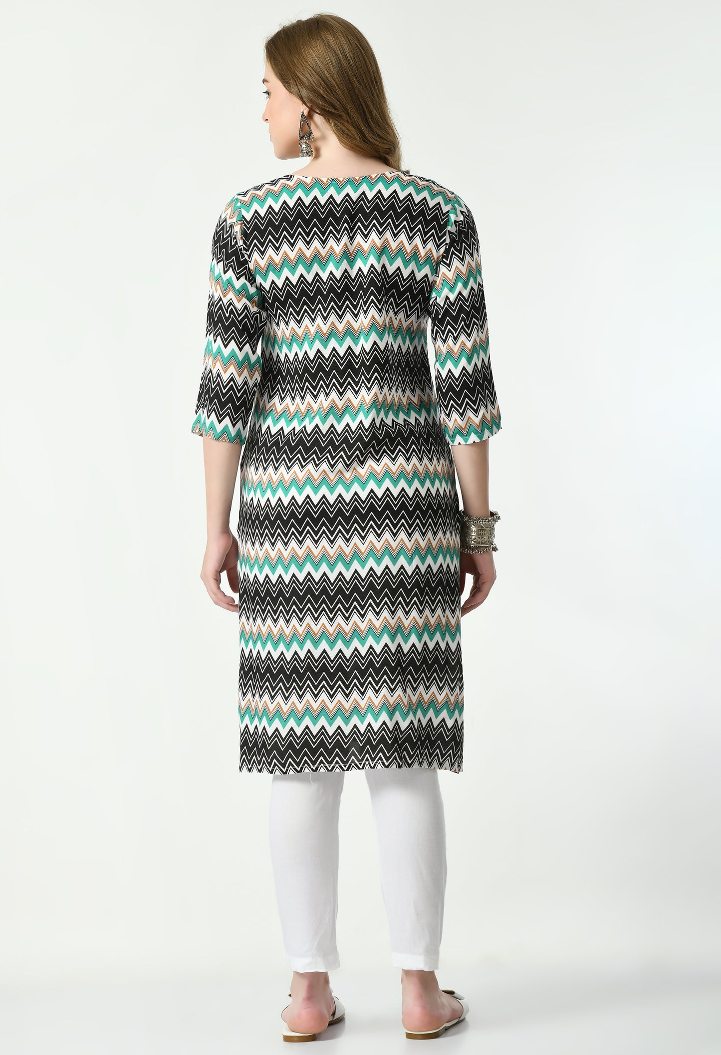 MAURYA Women's Rayon Rama Colour Zig-Zag Print Calf Length Straight Kurta with Buttons (MKT091)