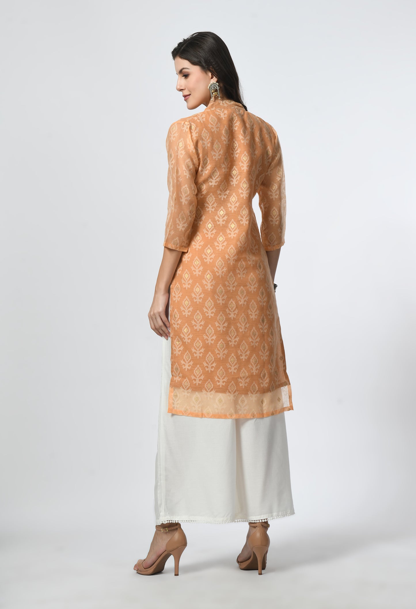 MAURYA Women's Orange Color Chanderi Braso Floral Print Straight Kurta with Cotton Lining Kurti (MKT111)