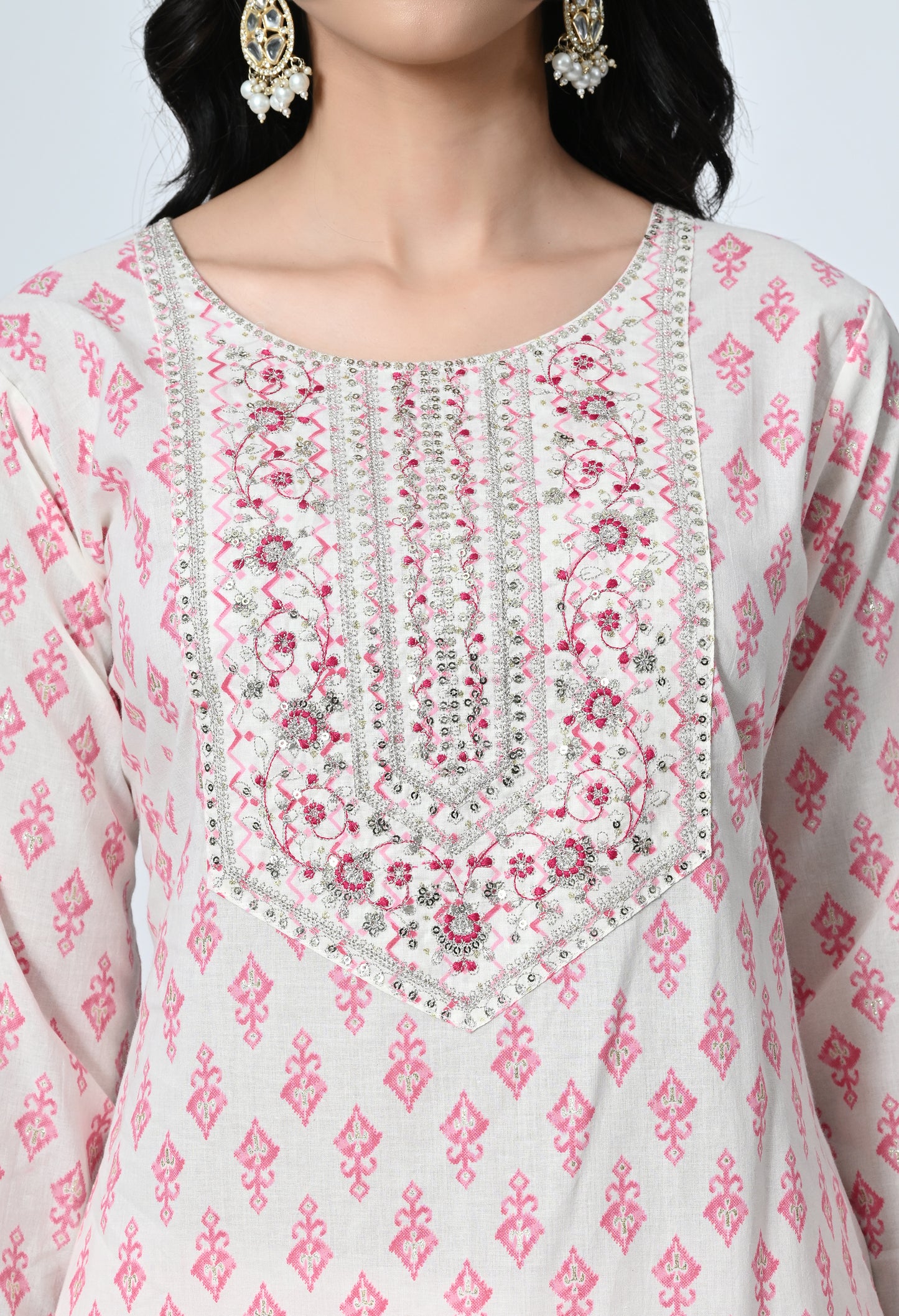 MAURYA Women's 100% Cotton Off Pink Foil Print Embroidery with Sequence Kurta Set with Dupatta (WMKS012)