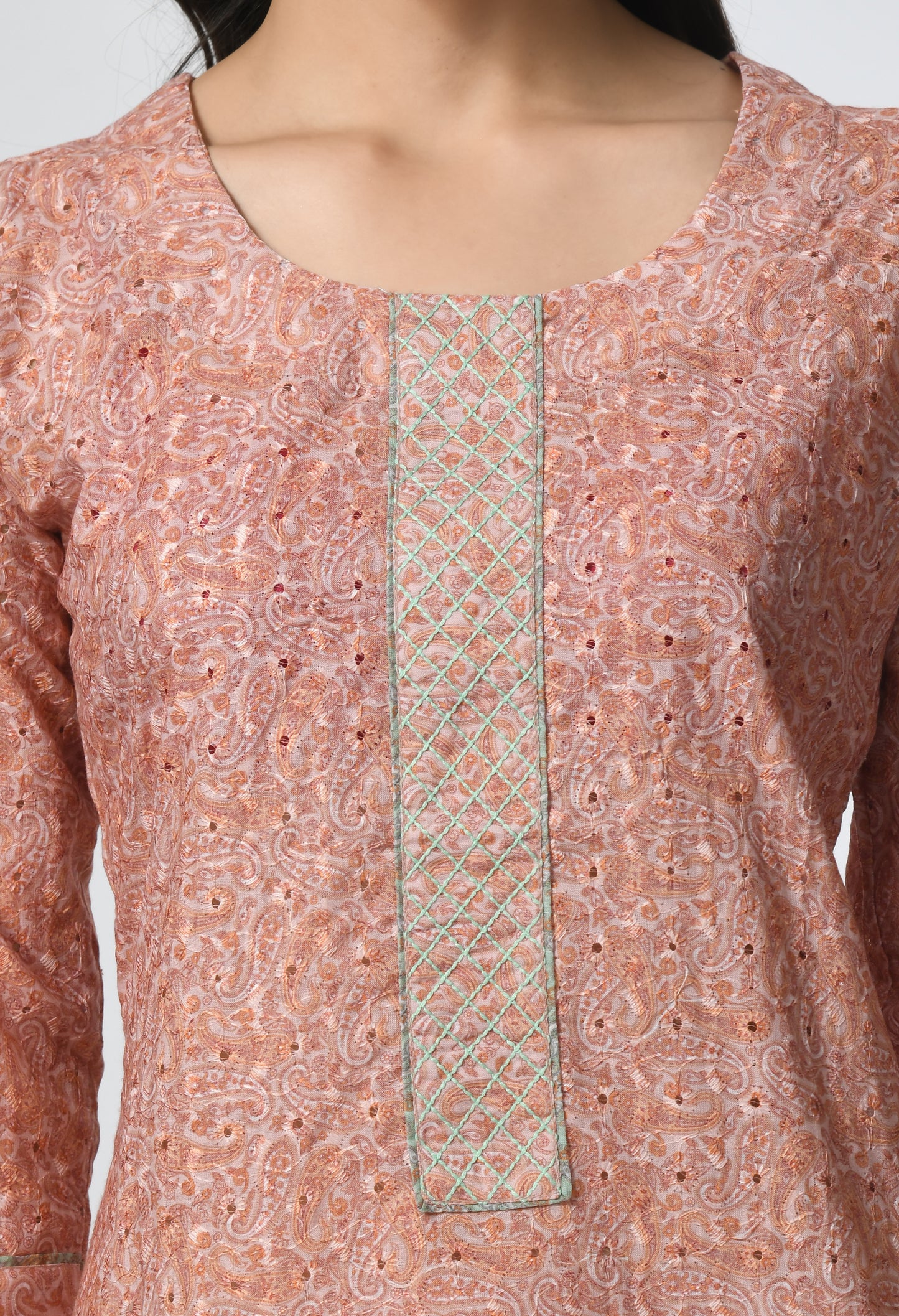 MAURYA Women's Peach Cotton Paisley Straight Kurta with Shifly Embroidery Kurti (MKT117)