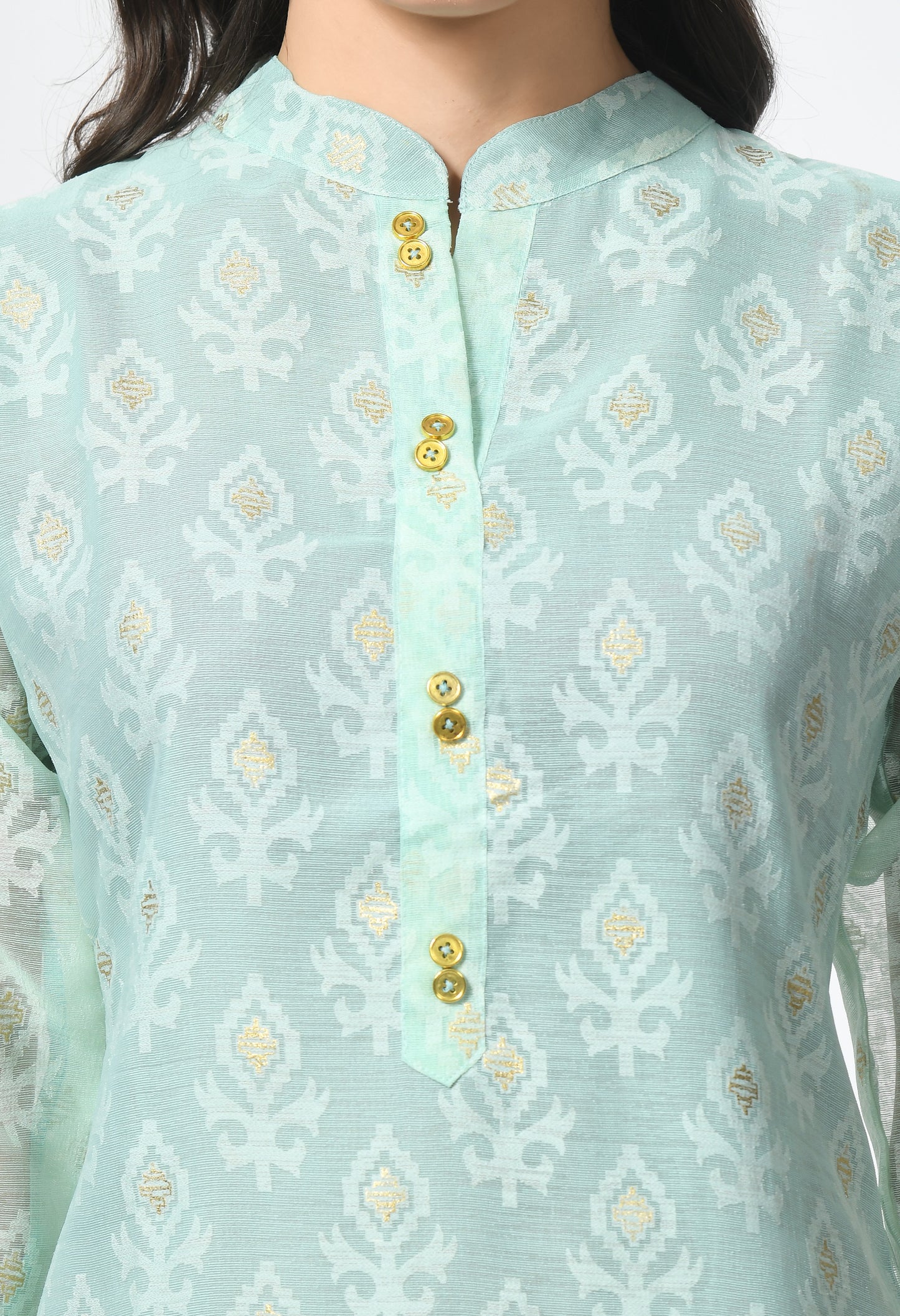 MAURYA Women's Pista Color Chanderi Braso Floral Print Straight Kurta with Cotton Lining Kurti for Women (MKT109)