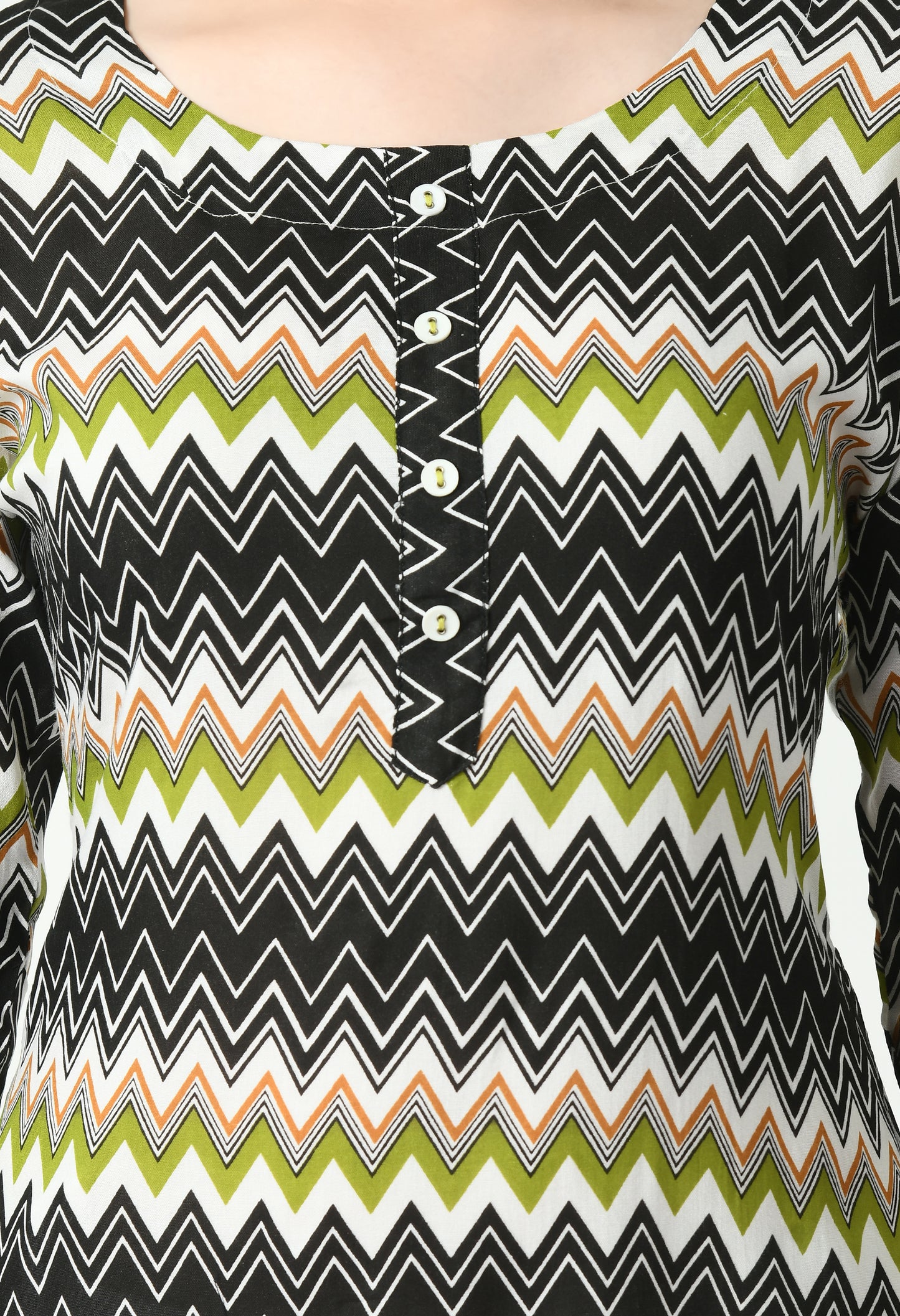MAURYA Women's Rayon Green Color Zig-Zag Print Calf Length Straight Kurta with Buttons (MKT088)