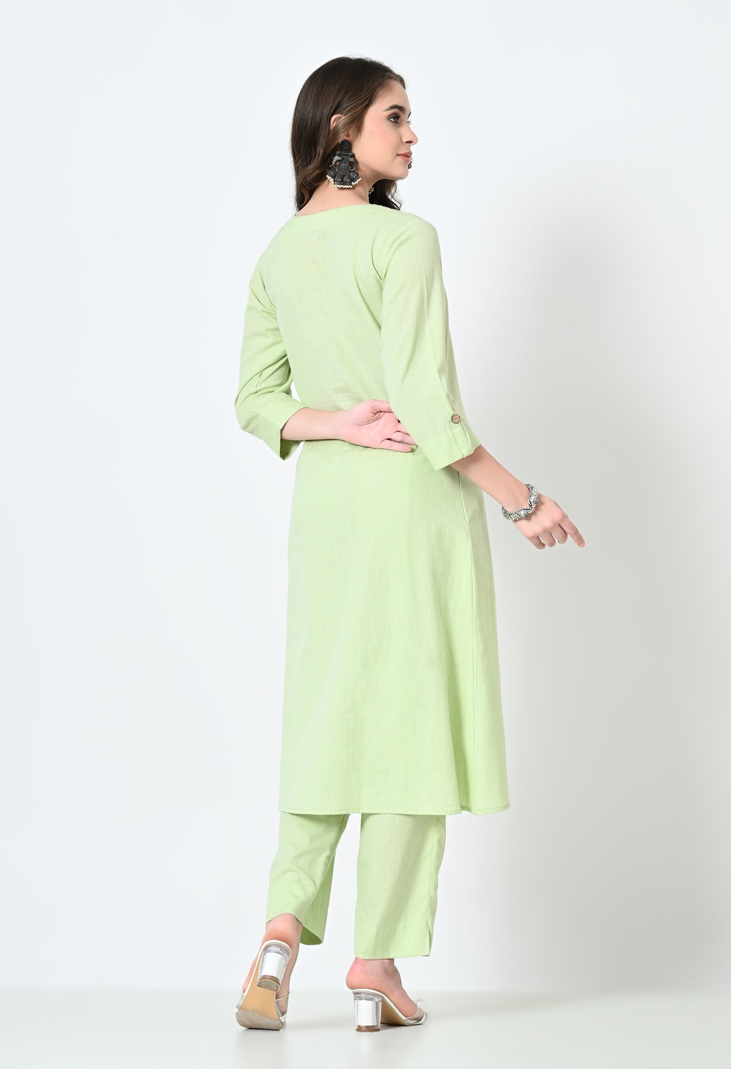 MAURYA Women's Cotton Flex Solid Pista A line Buttoned Kurta with Pant with 2 Side Pocket (MKS045)