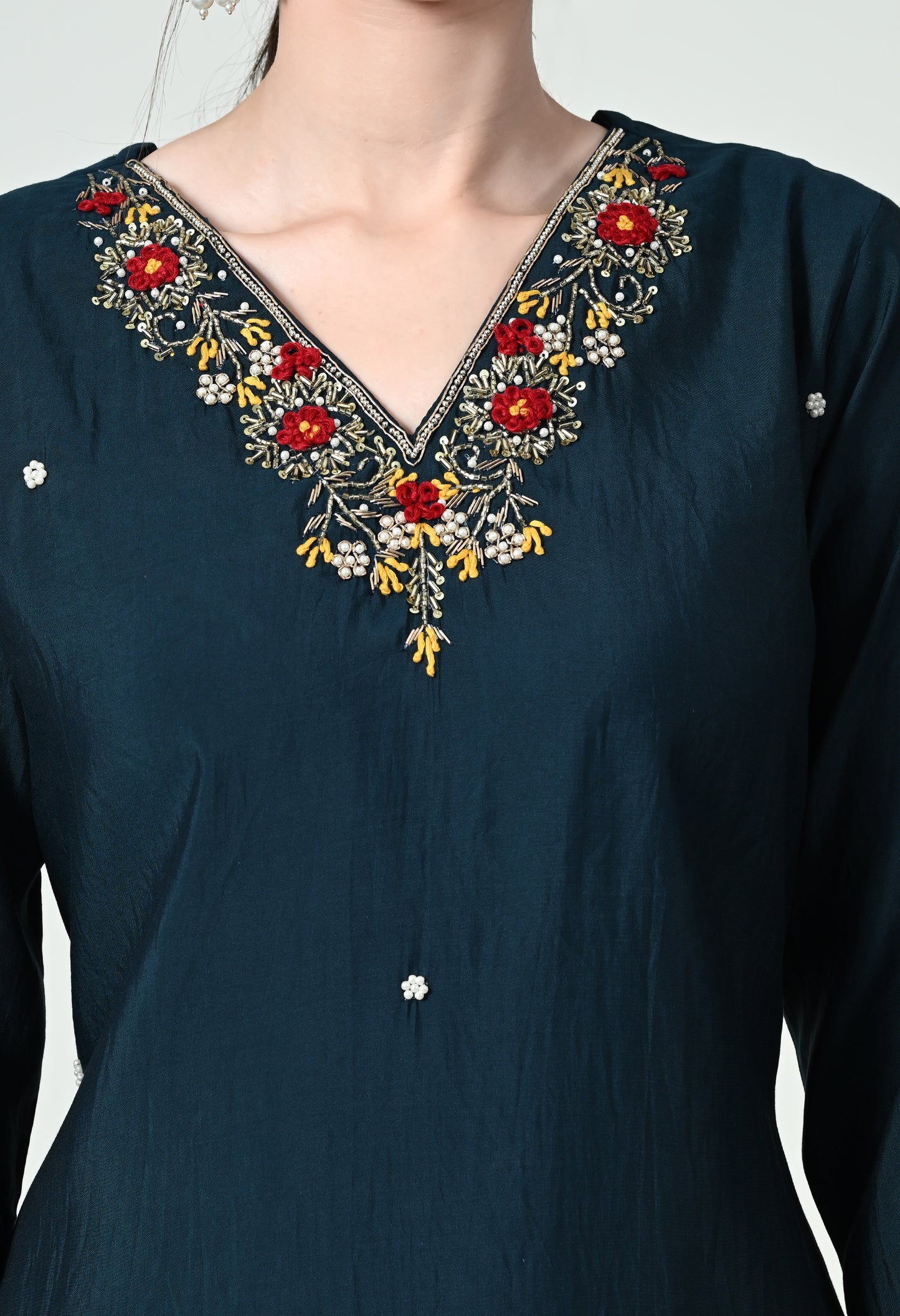 MAURYA Women's Navy Blue Colour Poly Silk Embroidered V-Neck Kurta Set with Stylish Dupatta (WMKS002)