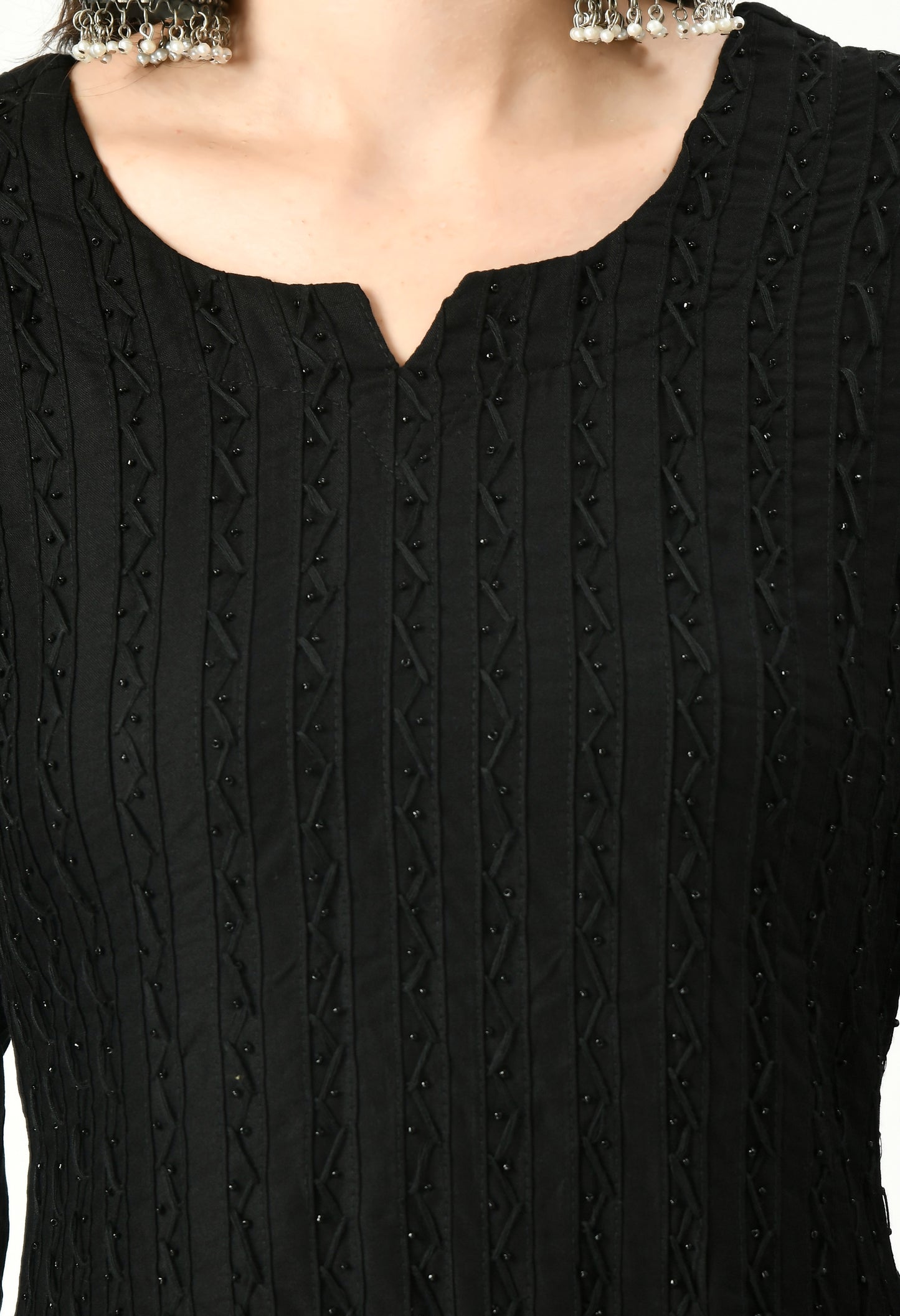 MAURYA Women's Pure Cotton Pintex Black Hand Work Calf Length Straight Kurti (MKT079)