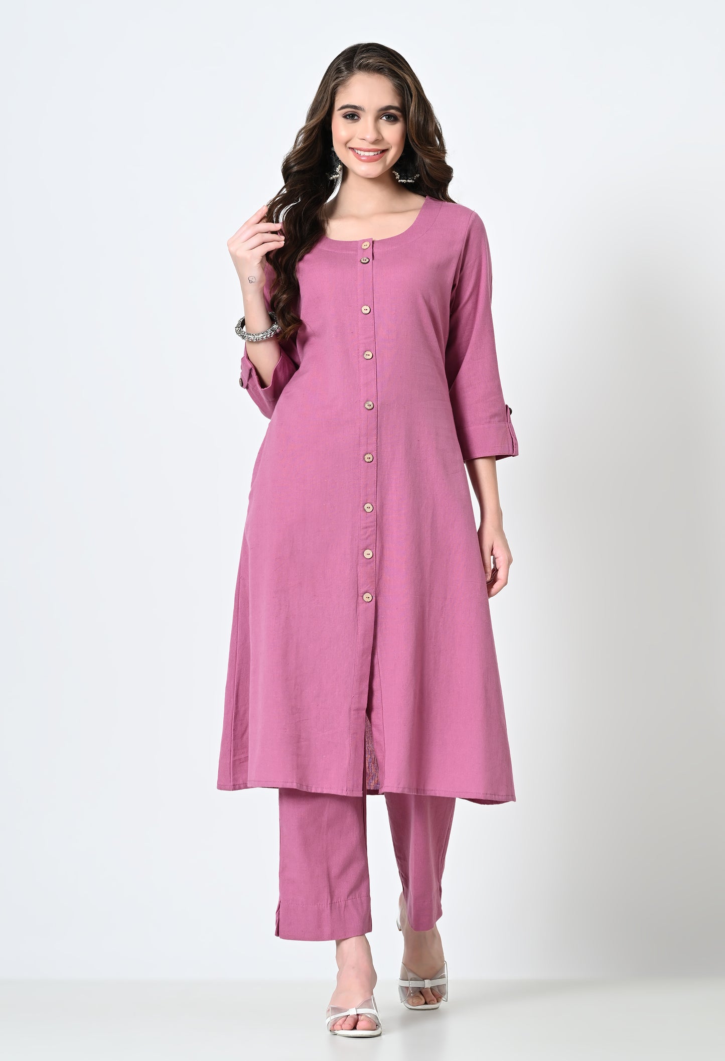 MAURYA Women's Cotton Flex Solid Piyaji A line Buttoned Kurta with Pant with 2 Side Pocket (MKS047)