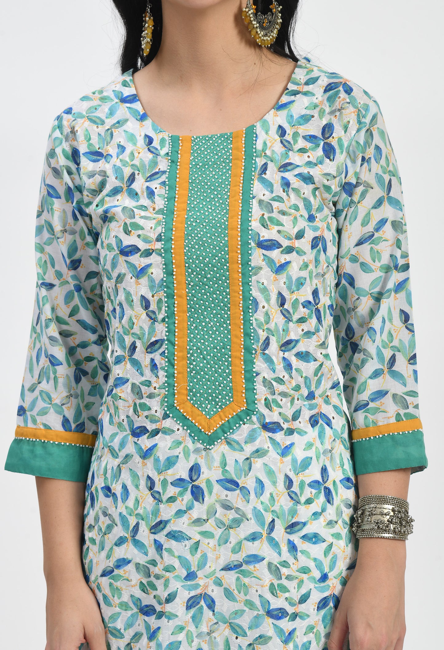 MAURYA Women's Blue Cotton 60*60 Straight Leaf Print Kurta with Shifly Chiken Work Kurti (MKT120)
