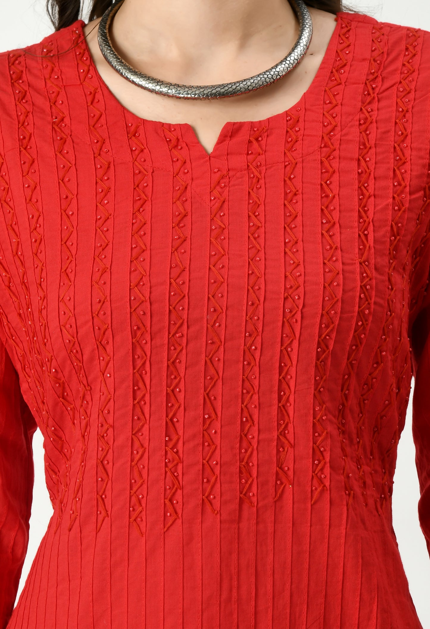MAURYA Women's Pure Cotton Pintex Red Hand Work Calf Length Straight Kurti (MKT082)