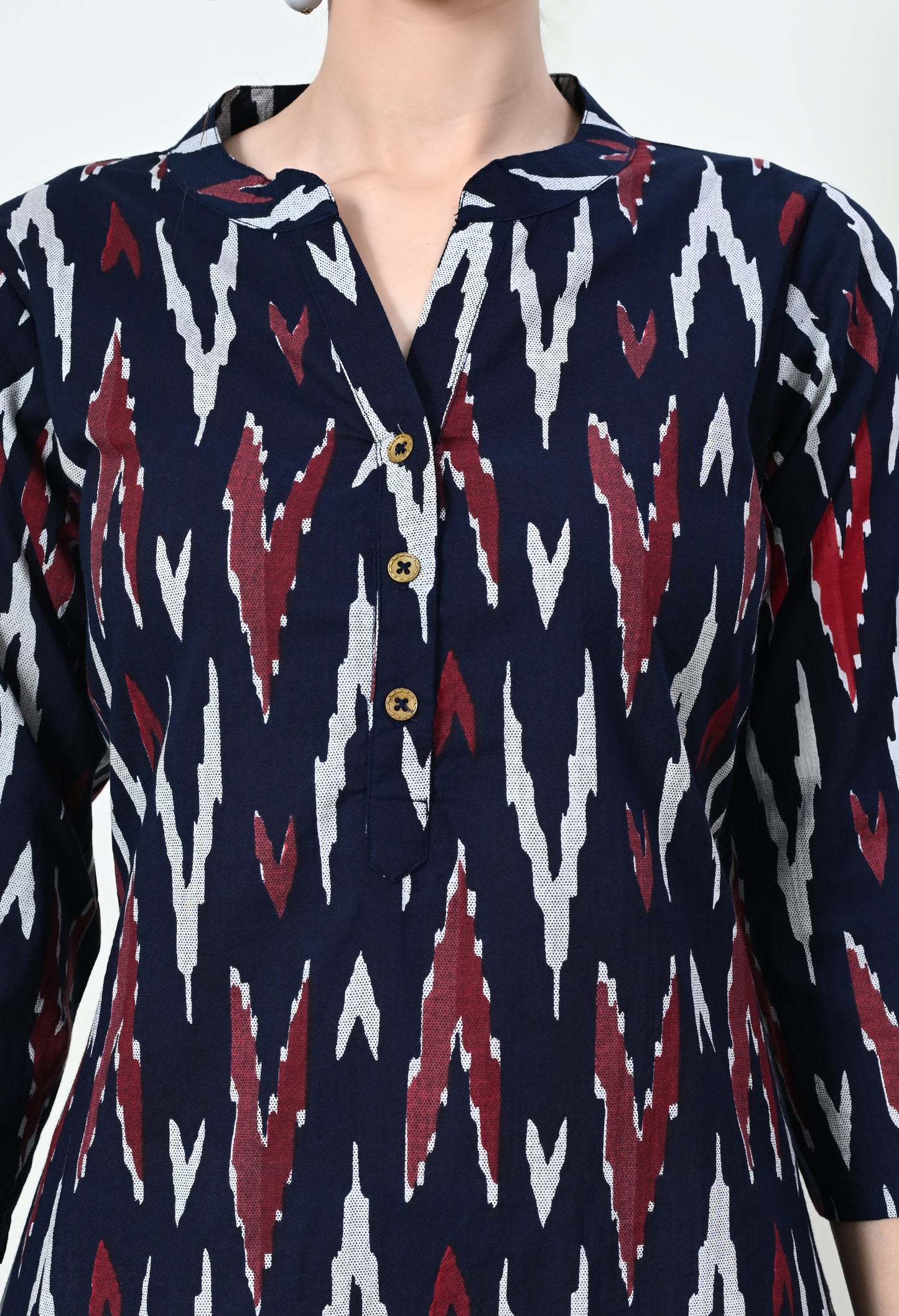 MAURYA Women's Cotton Ikkat Print Navy Blue Calf Length Straight Kurta (MKT140)
