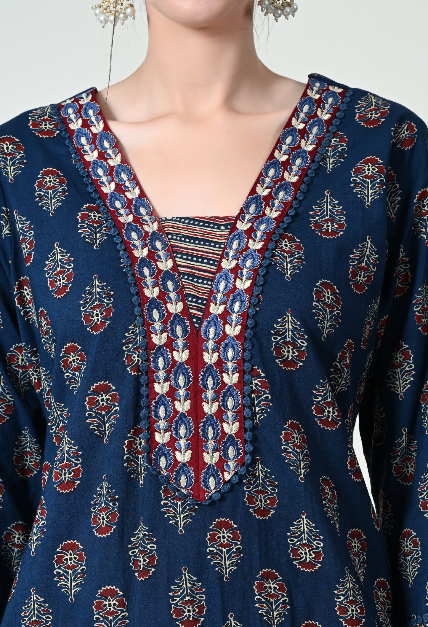 MAURYA Women's 100% Cotton Kalamkari Print Blue Colour Embroidery with Lace Kurta Set with Trendy Dupatta (WMKS004)