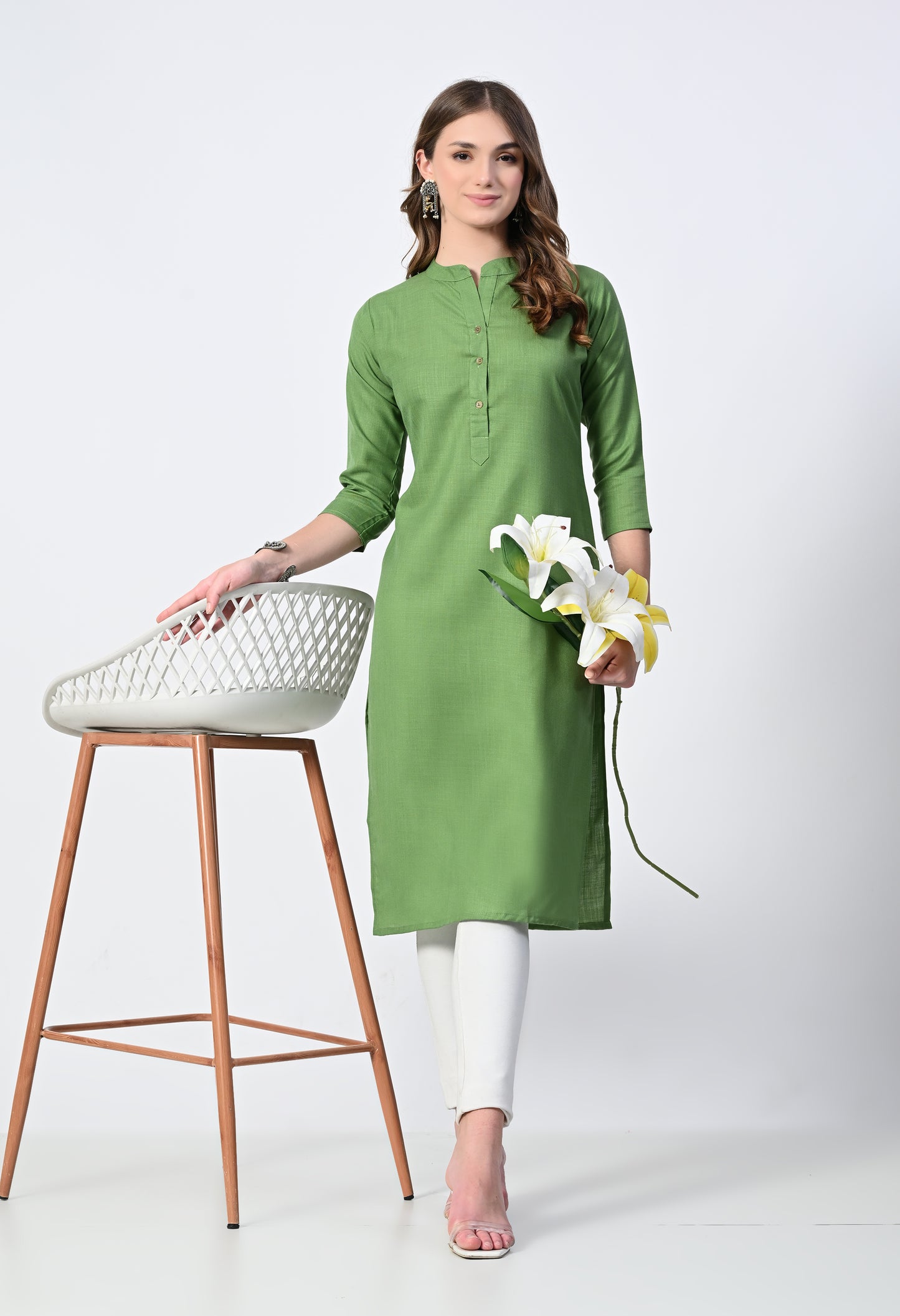 MAURYA Women's Olive Cotton Blend Solid Straight Kurti (MKT144)