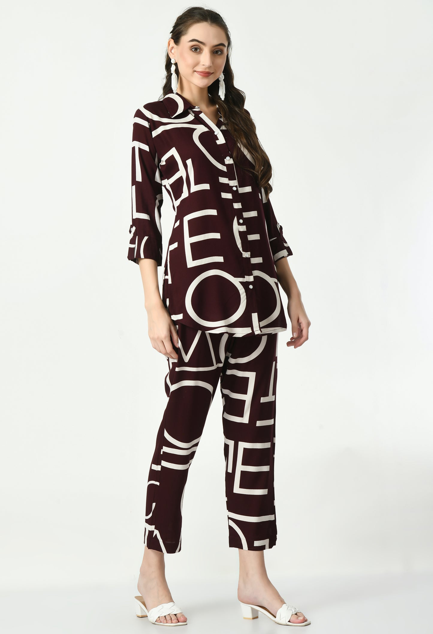 MAURYA Women's Rayon Wine Alpha Print Co-ord Set (MCS055)
