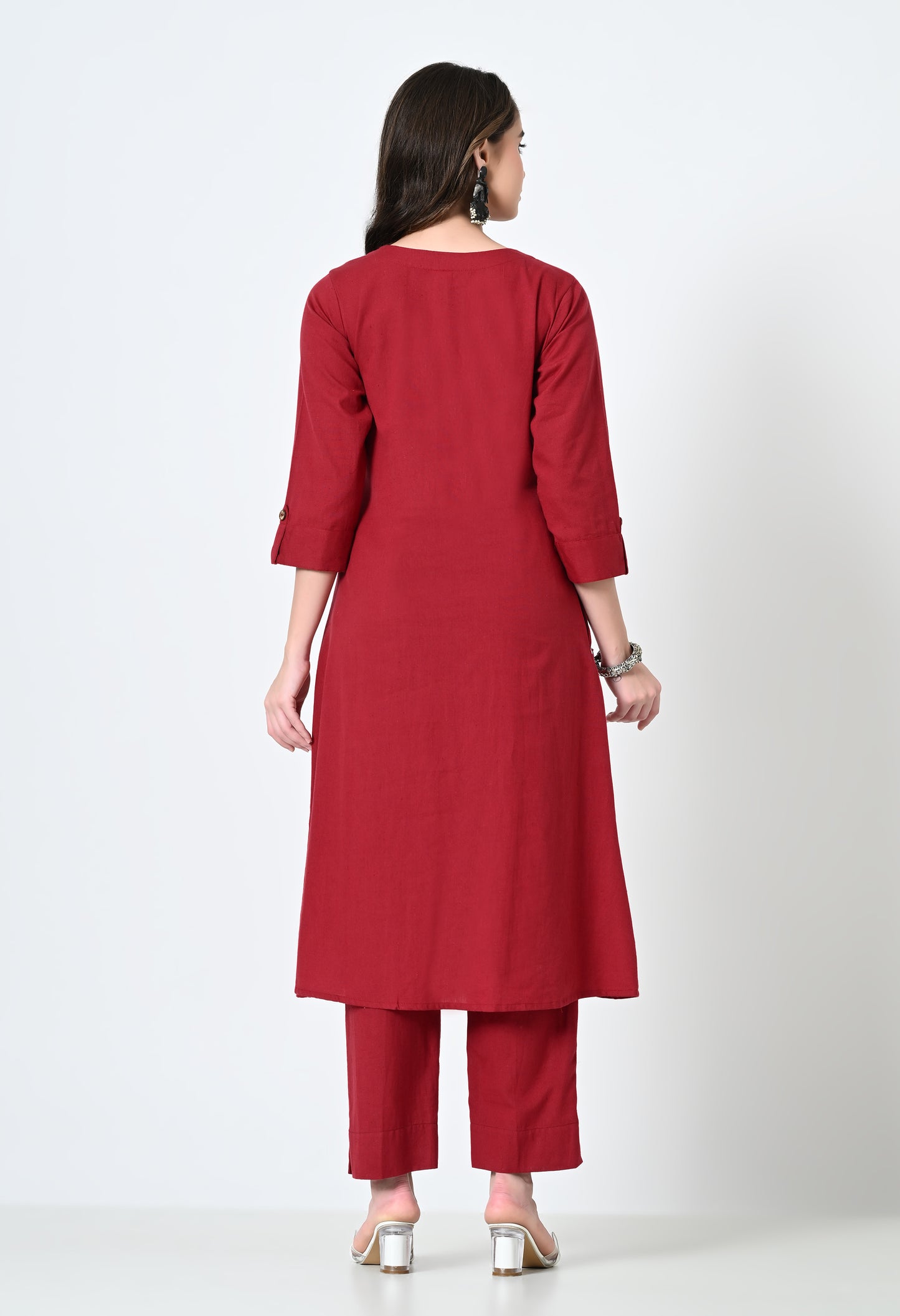 MAURYA Women's Cotton Flex Solid Maroon A line Buttoned Kurta with Pant with 2 Side Pocket (MKS046)