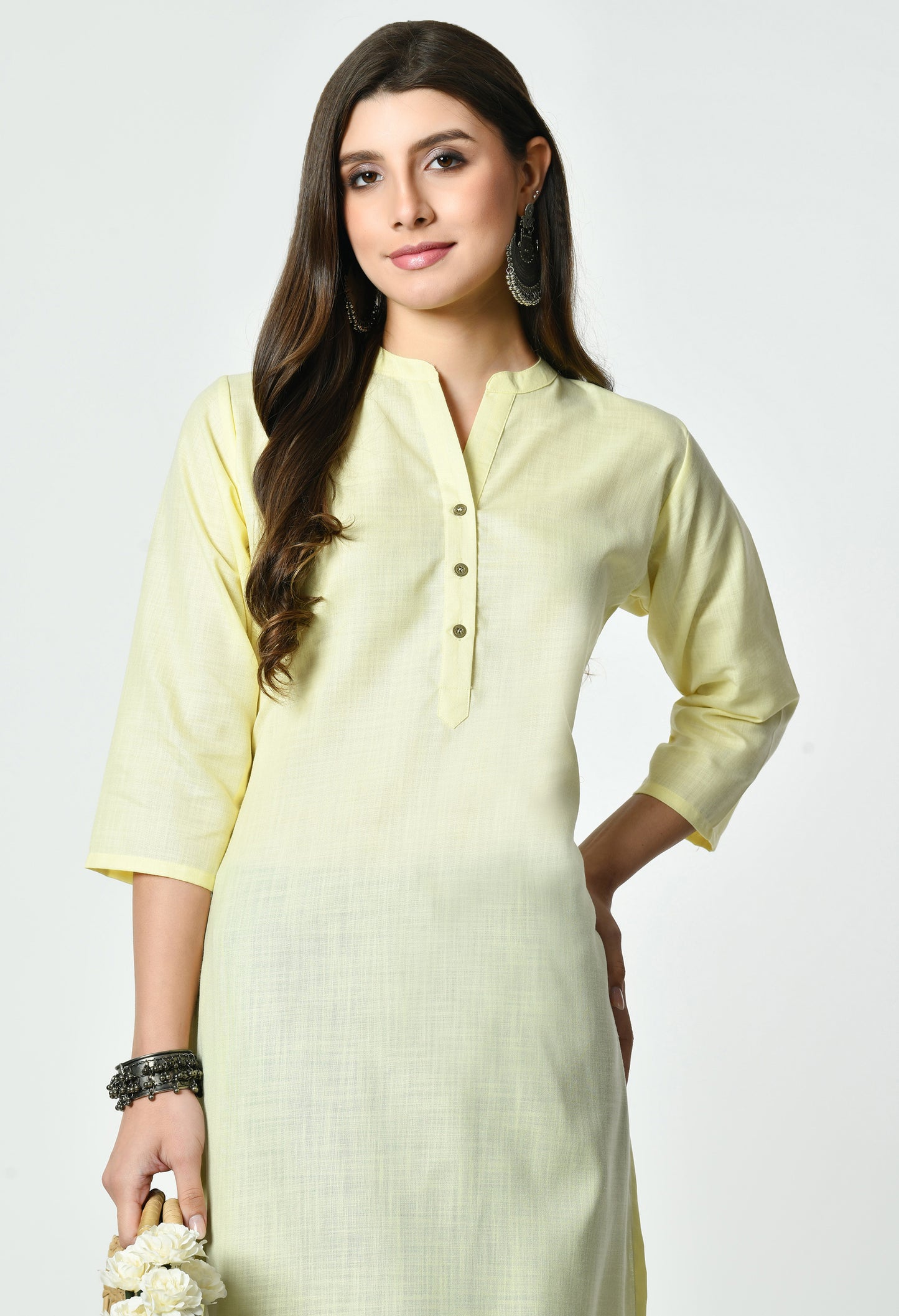 MAURYA Women's Light Yellow Colour Solid Straight Cotton Kurti (MKT149)