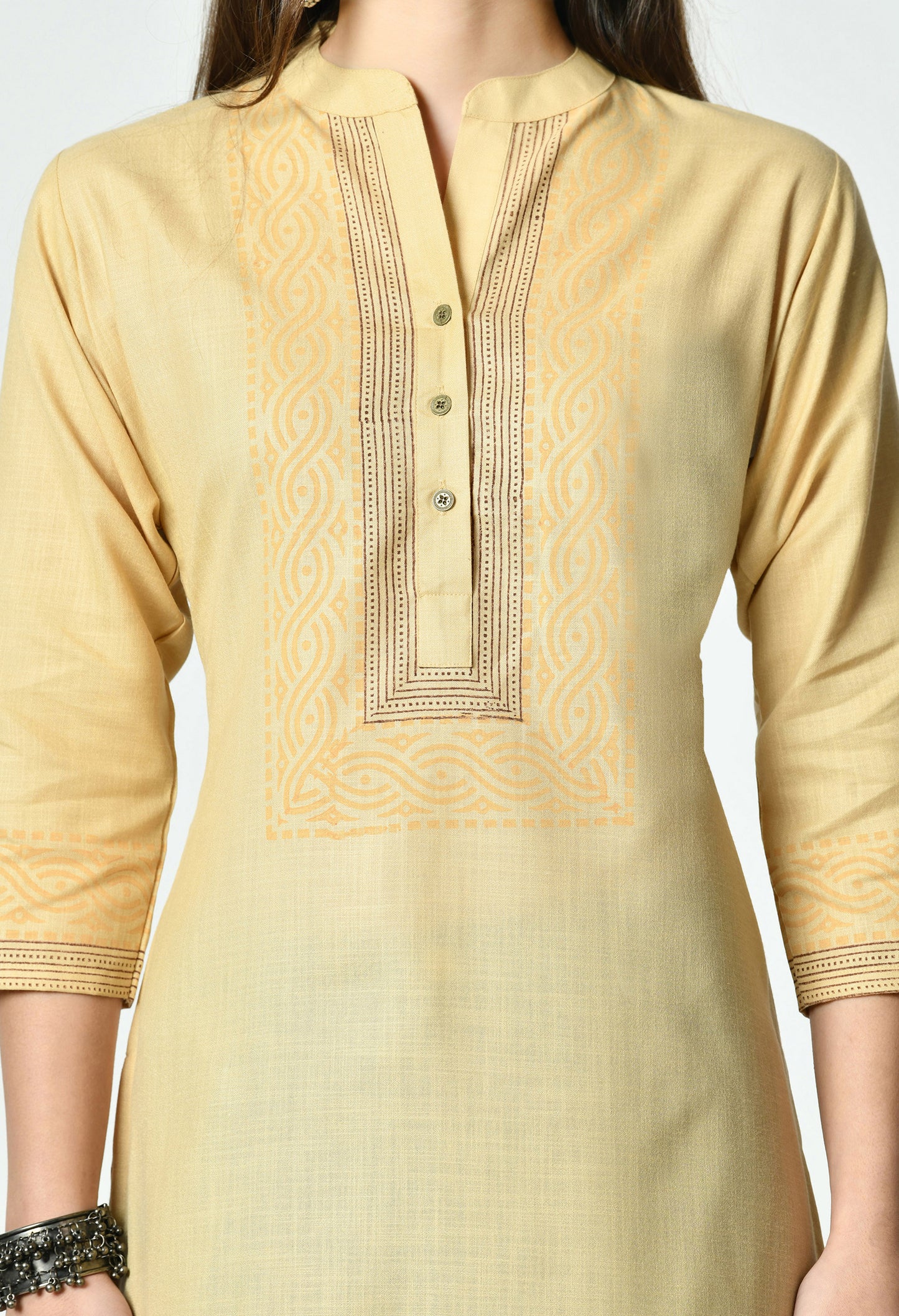 MAURYA Women's Fawn Colour Printed Straight Cotton Kurti (MKT152)