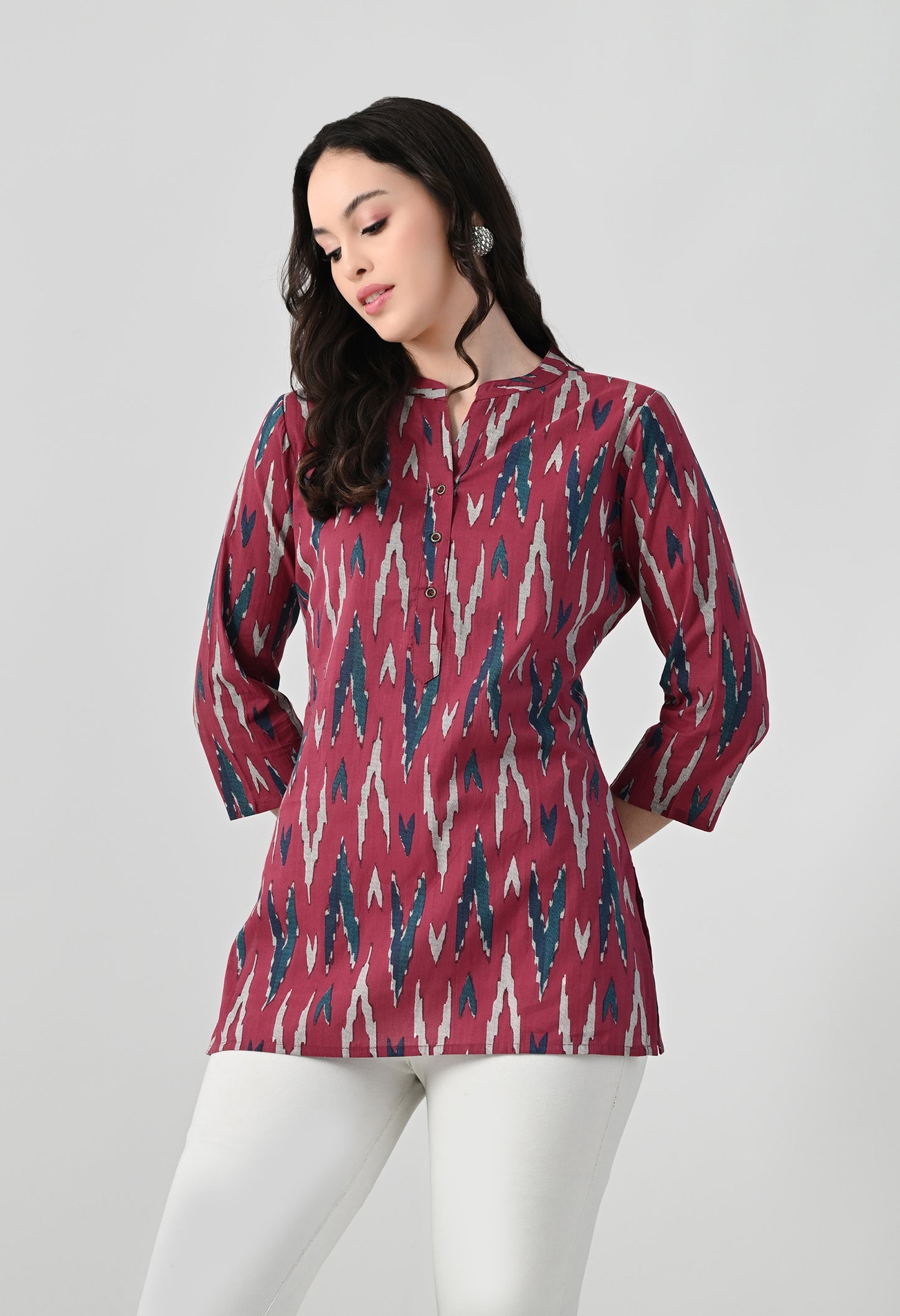 MAURYA Women's Pink Color Ikkat Print Regular V Neck Top (MTOP008)