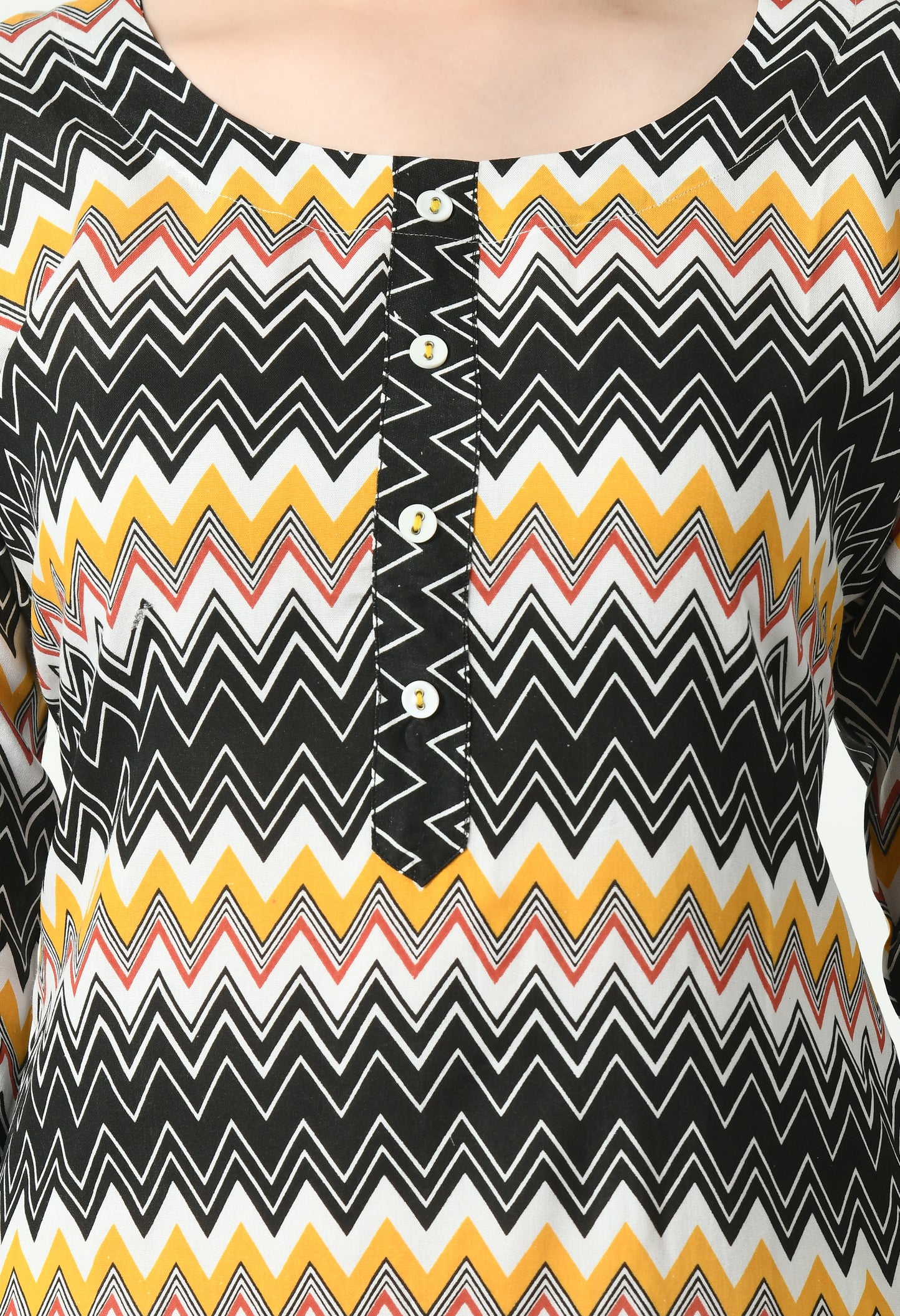 MAURYA Women's Rayon Yellow Color Zig-Zag Print Calf Length Straight Kurta with Buttons (MKT089)