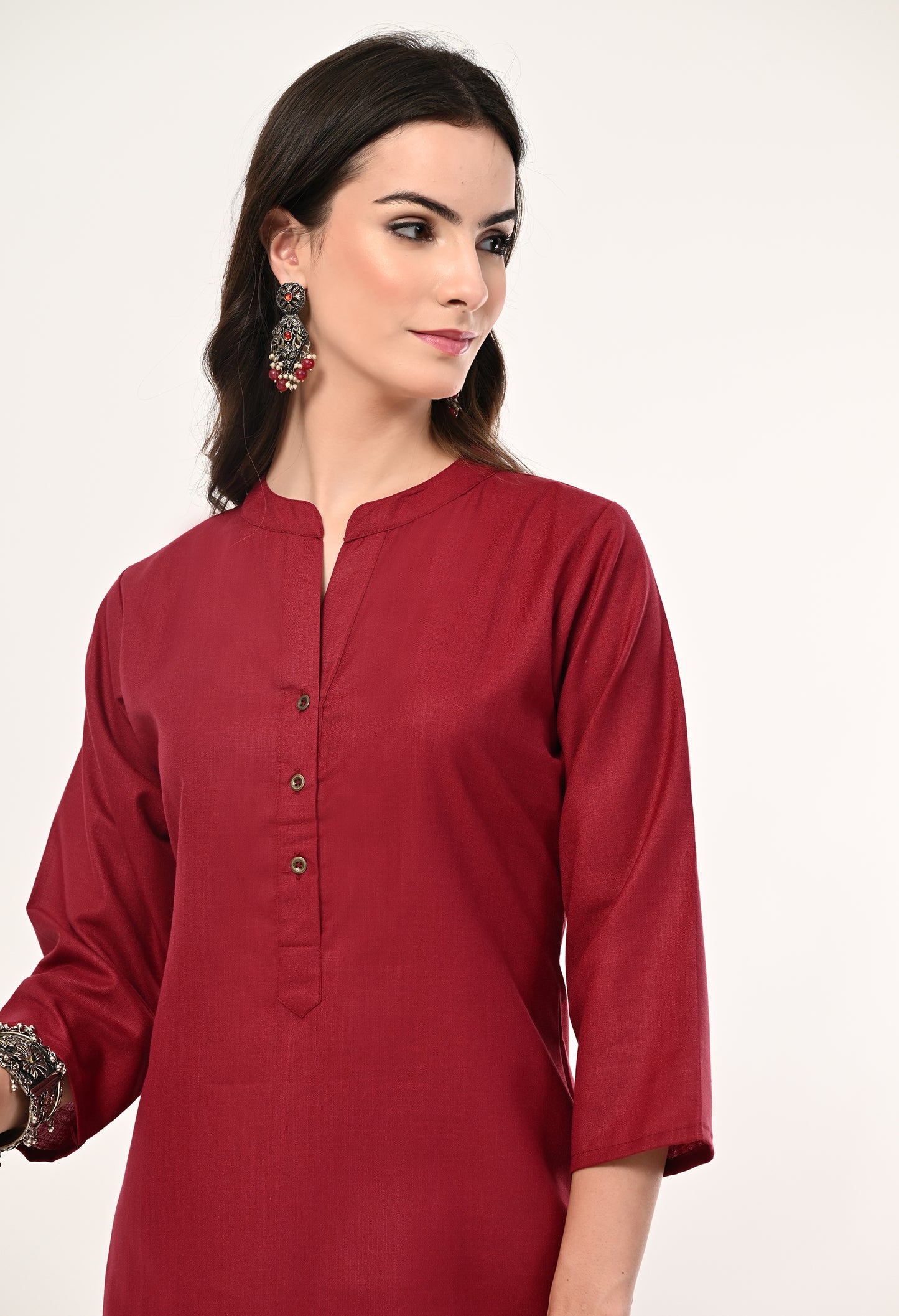 MAURYA Women's Maroon Cotton Blend Solid Straight Kurti (MKT143)