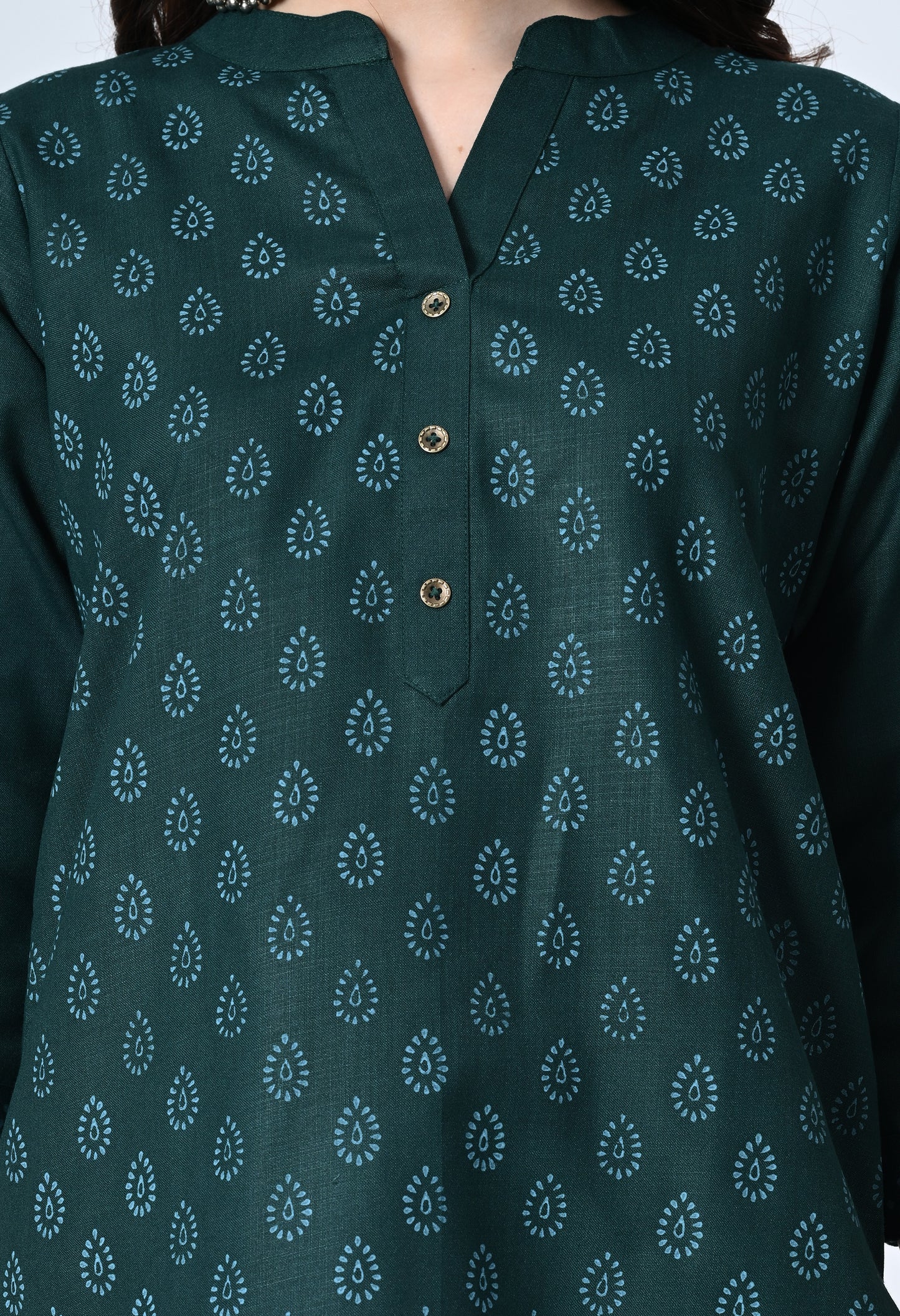 MAURYA Women's Cotton Blend Printed Bottle Green Calf Length High Neck Straight Kurta (MKT137)