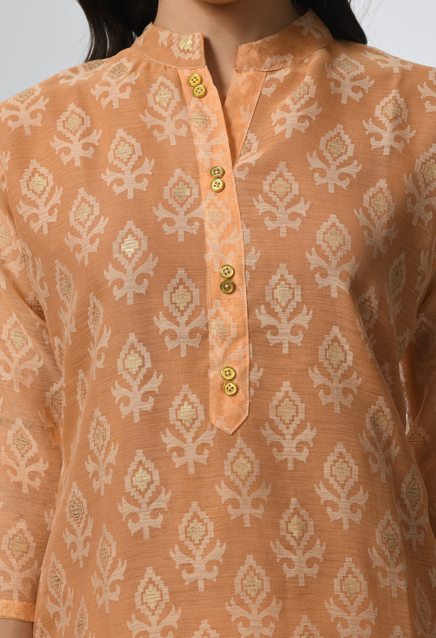 MAURYA Women's Orange Color Chanderi Braso Floral Print Straight Kurta with Cotton Lining Kurti (MKT111)