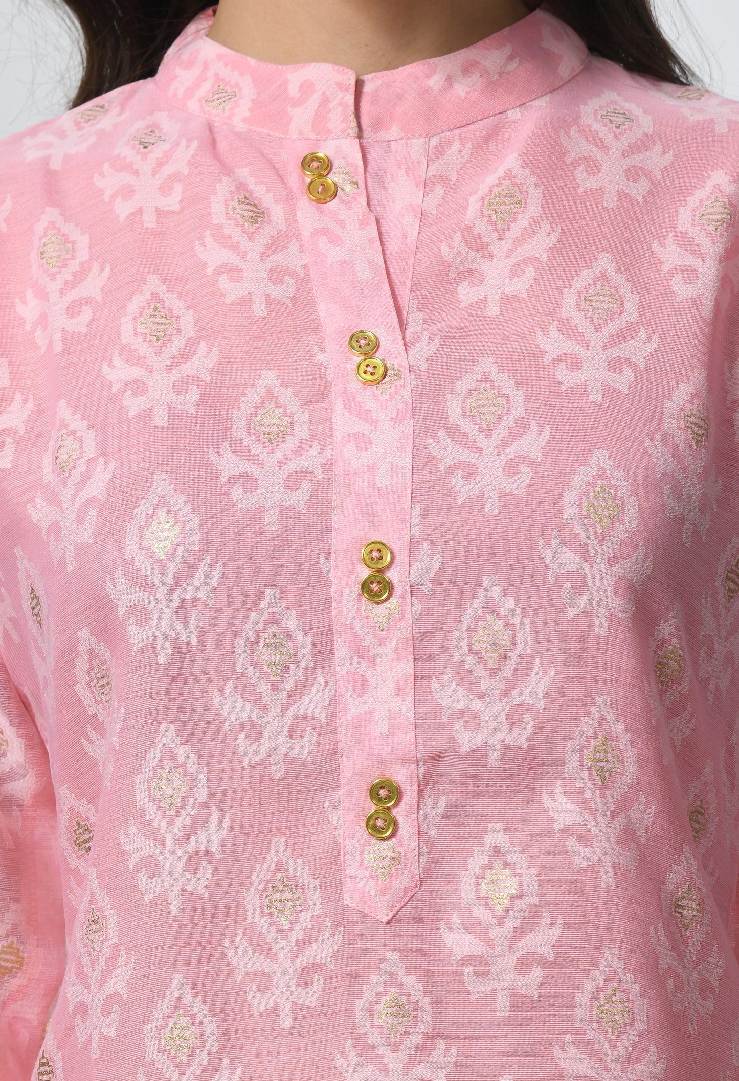 MAURYA Women's Pink Color Chanderi Braso Floral Print Straight Kurta with Cotton Lining Kurti (MKT110)