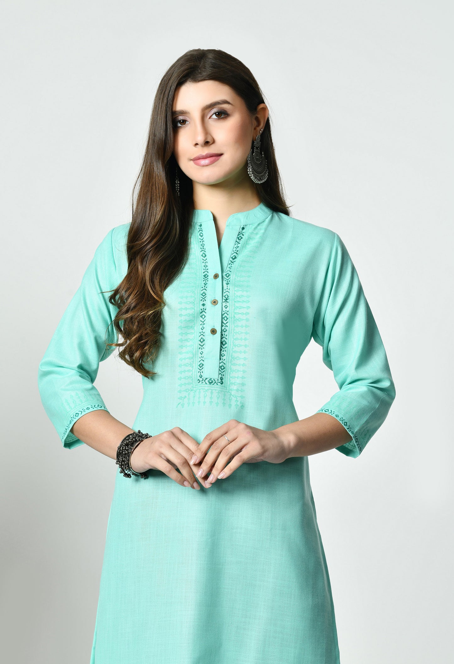 MAURYA Women's Aqua Blue Colour Printed Straight Cotton Kurti (MKT153)