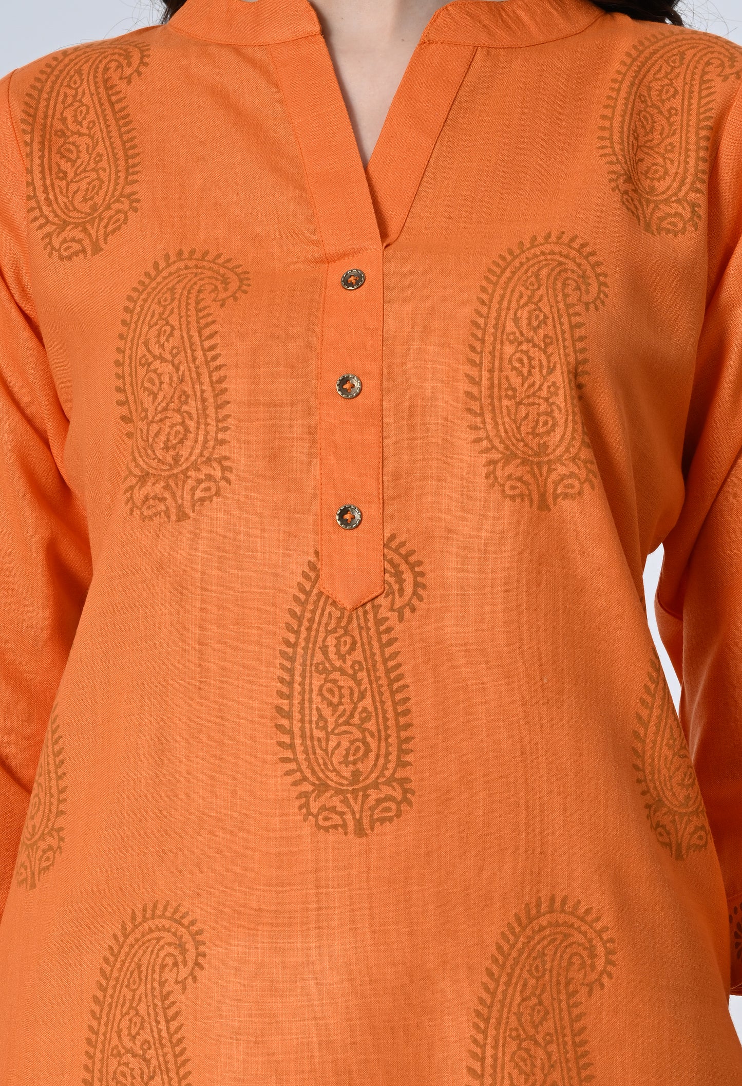 MAURYA Women's Cotton Blend Printed Orange Calf Length High Neck Straight Kurta (MKT138)