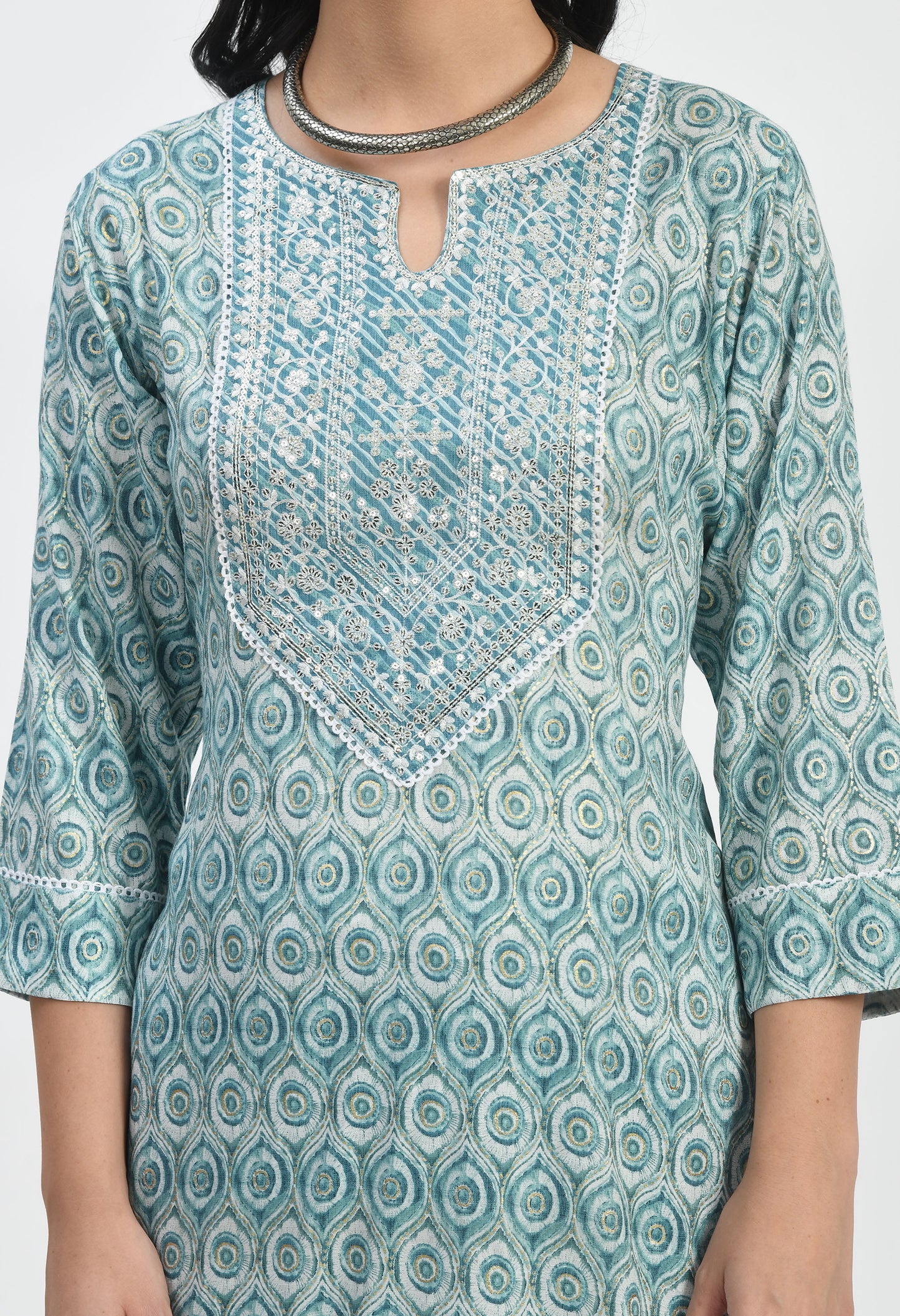 MAURYA Women's Rayon Slub Rama Eyes Print Computer Embroidery with Sippi Work A line Kurta with Pant & Dupatta (MKS041)