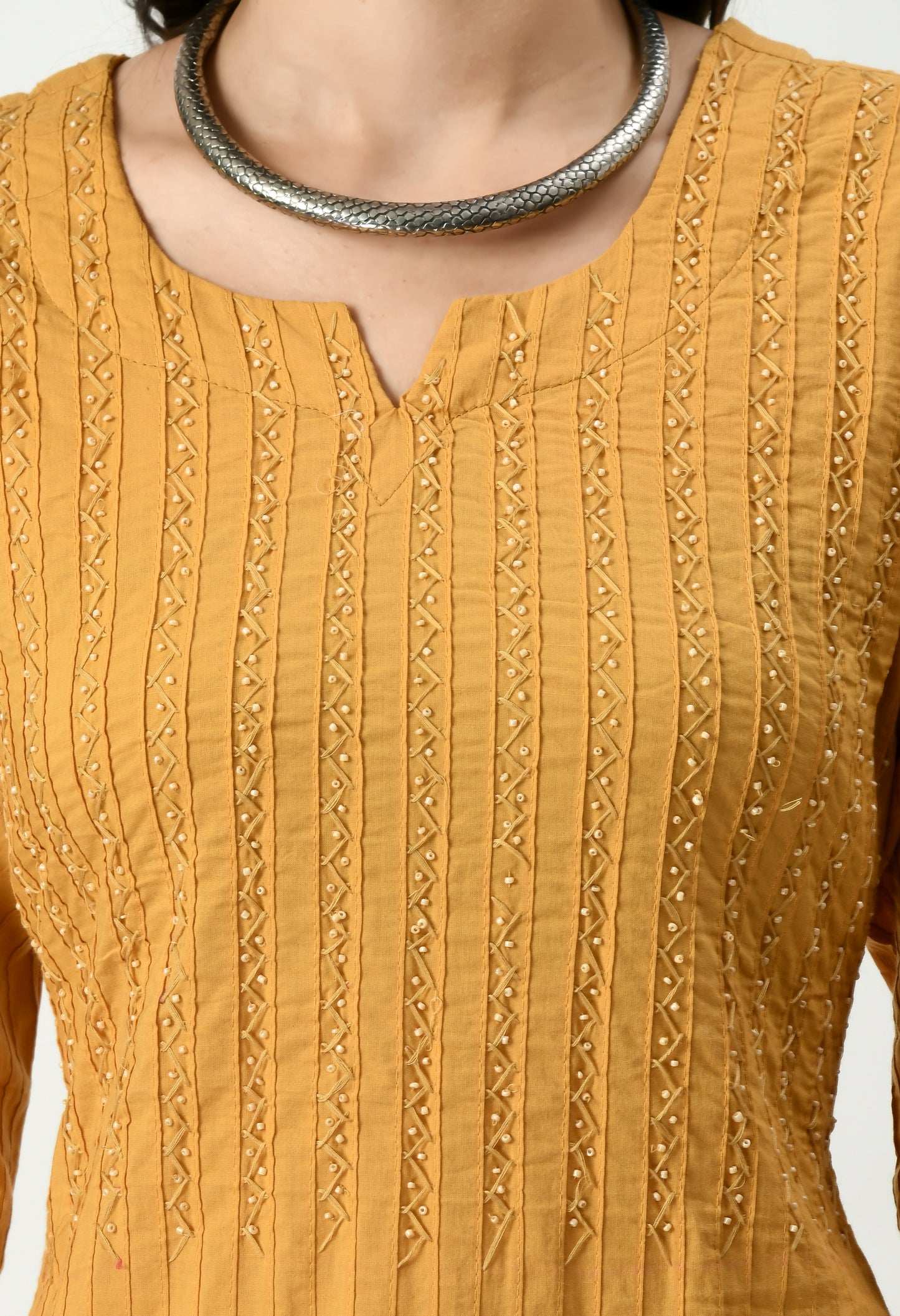 MAURYA Women's Pure Cotton Pintex Mustard Hand Work Calf Length Straight Kurti (MKT083)