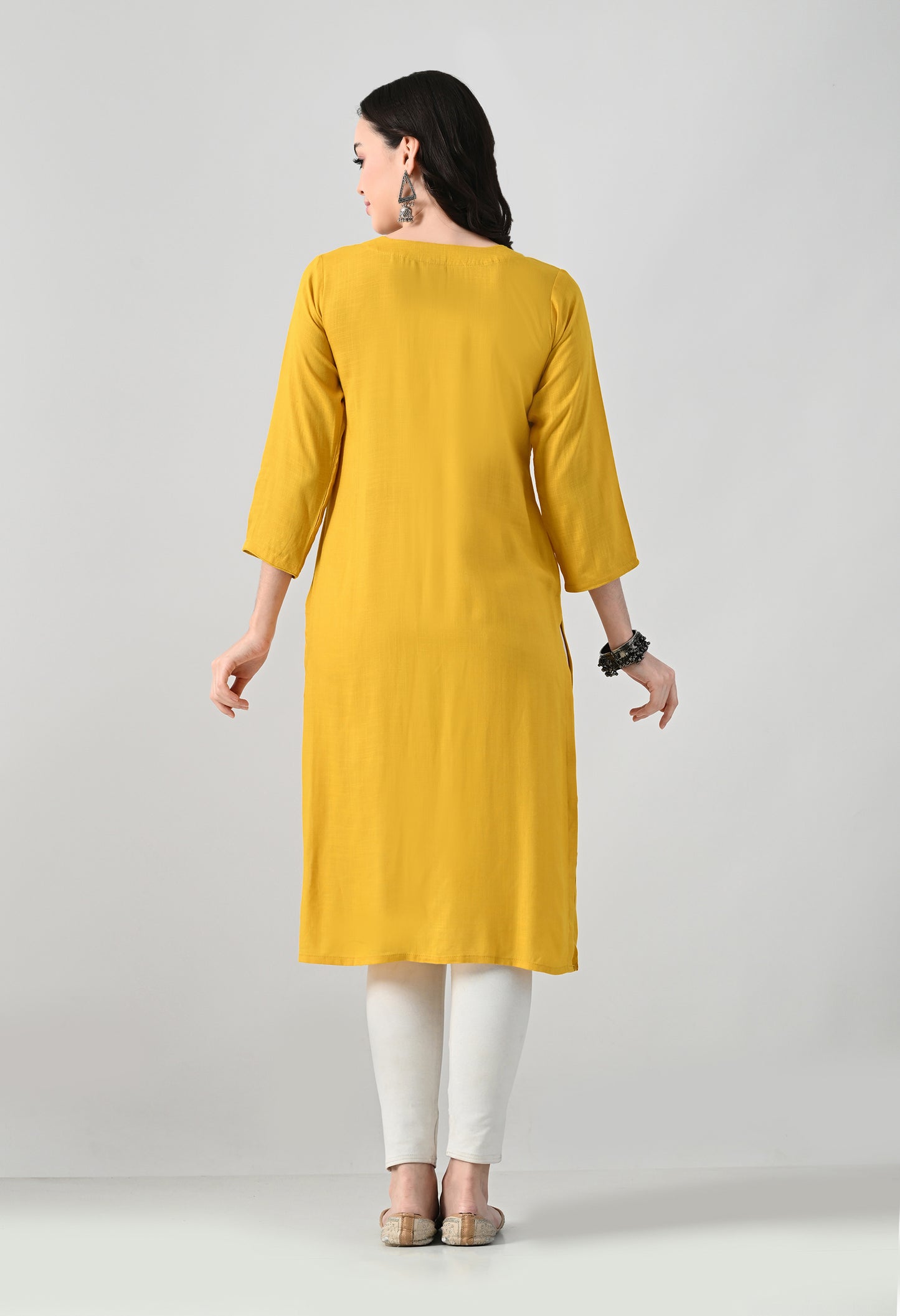 MAURYA Women's Yellow Rayon Slub Round Neck Embroidered Kurti (MKT146)