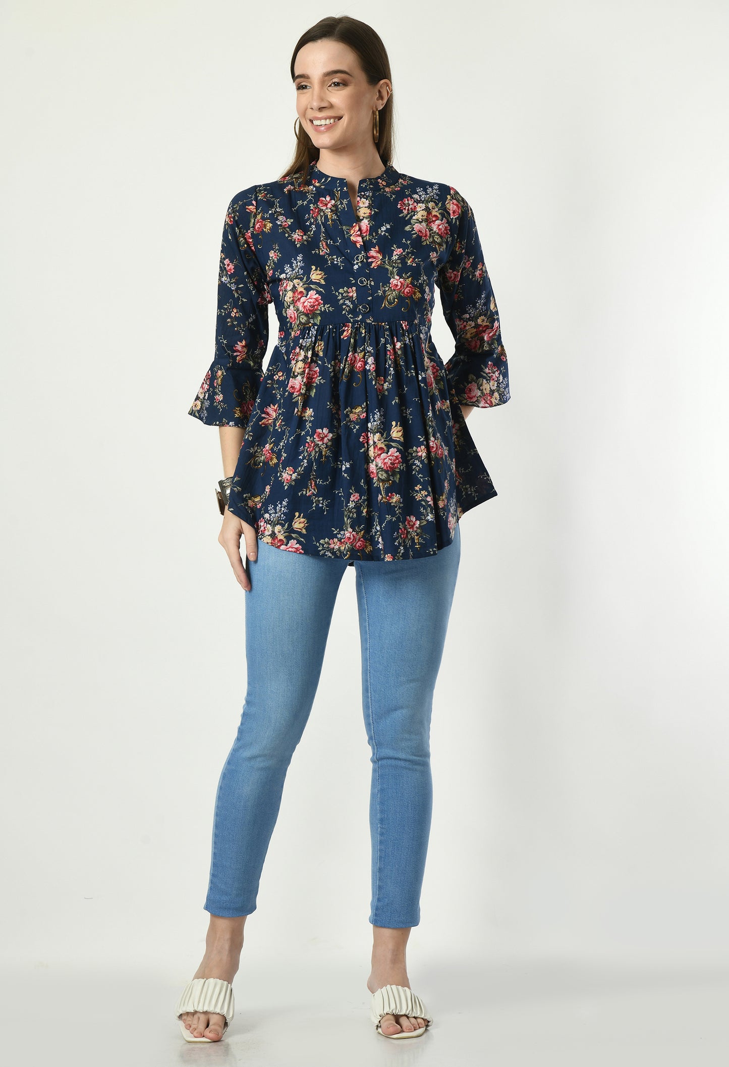 MAURYA Women's Blue Color Floral Print Regular V Neck Top (MTOP007)