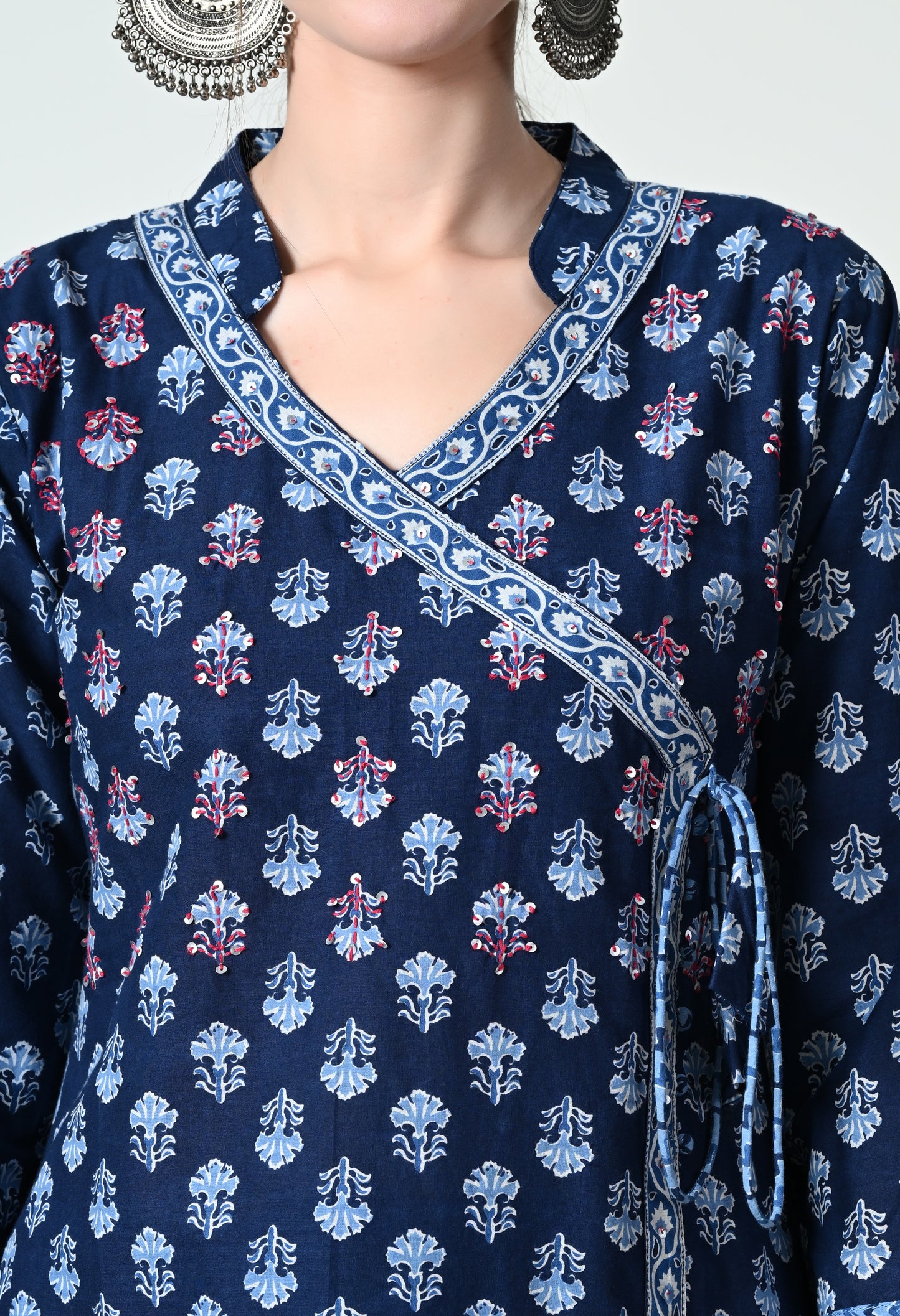 MAURYA Women's Fancy Cotton Blue Indigo Printed Hand Work Angrakhha Neck Kurta Set with Stylish Double Shade Dupatta (WMKS007)