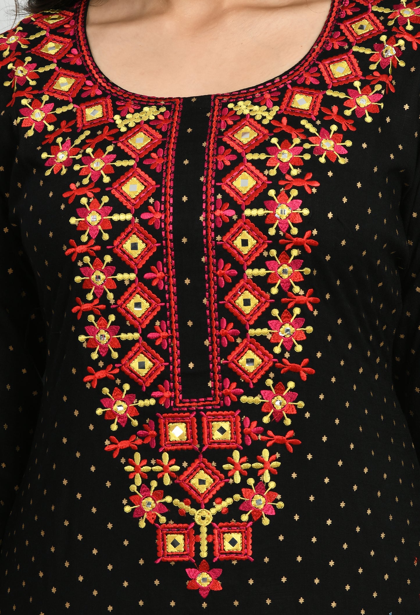 MAURYA Women's Rayon Slub Black Solid Mirror Embroidery Calf Length Straight Kurti (MKT048)
